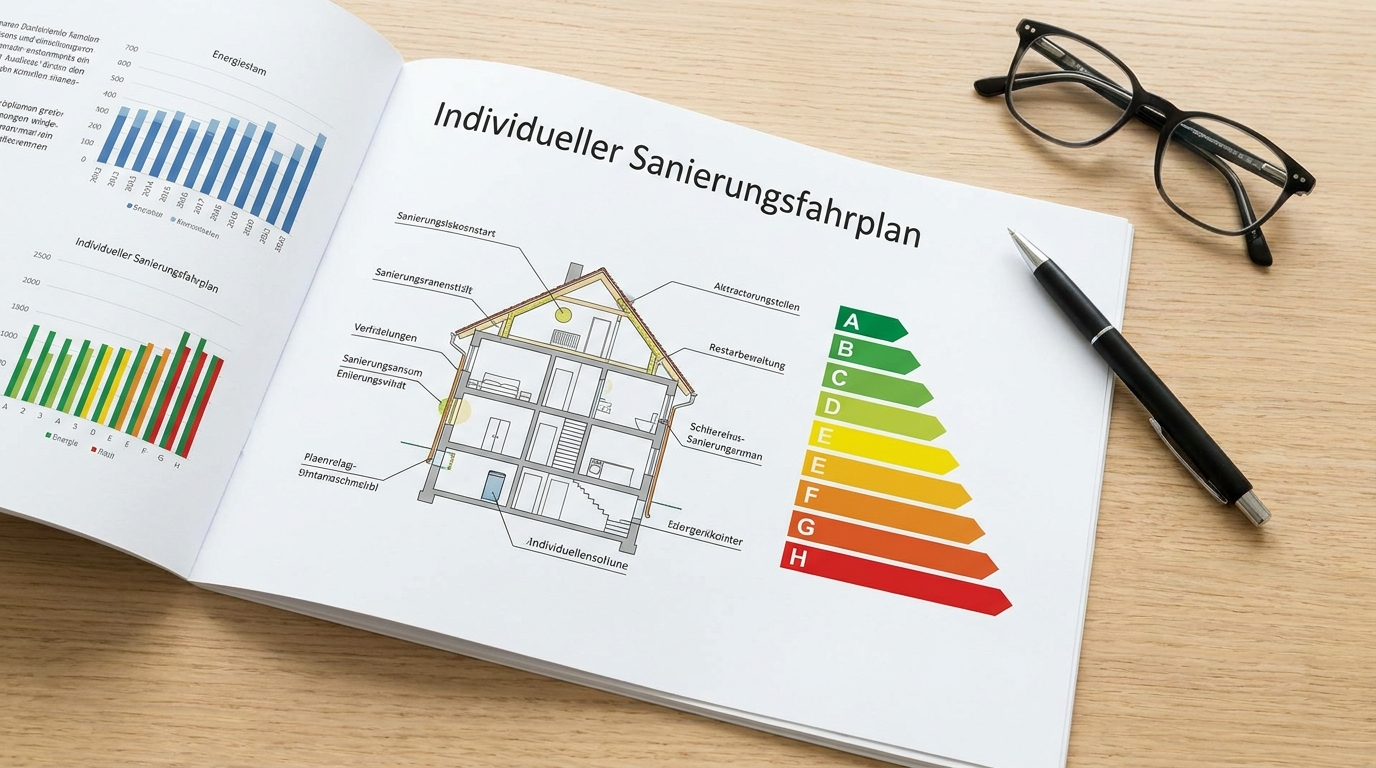 Individueller Sanierungsfahrplan mit Diagrammen und Effizienzskala