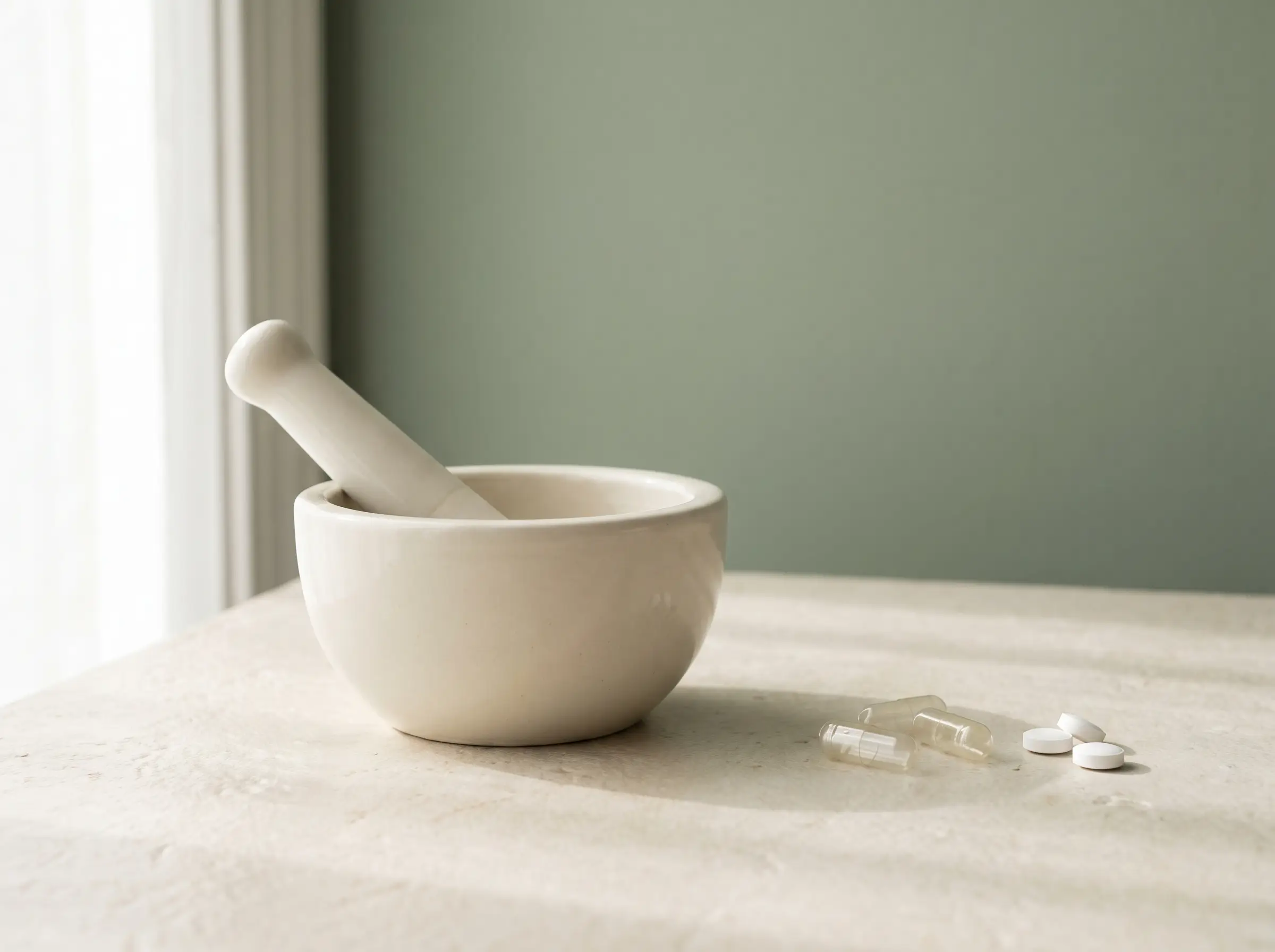Mortar and pestle beside clean capsules, representing compounded-medication education