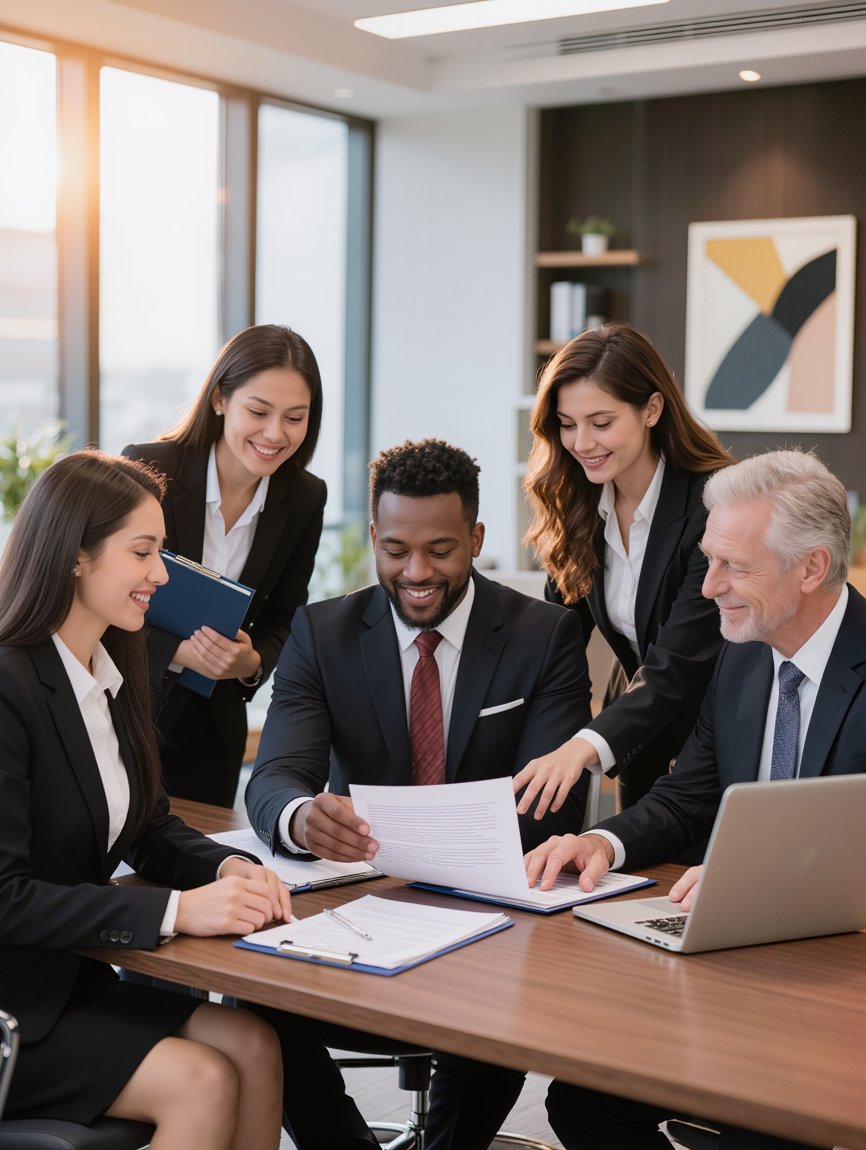 Attorneys collaborating around a conference table in a modern law office