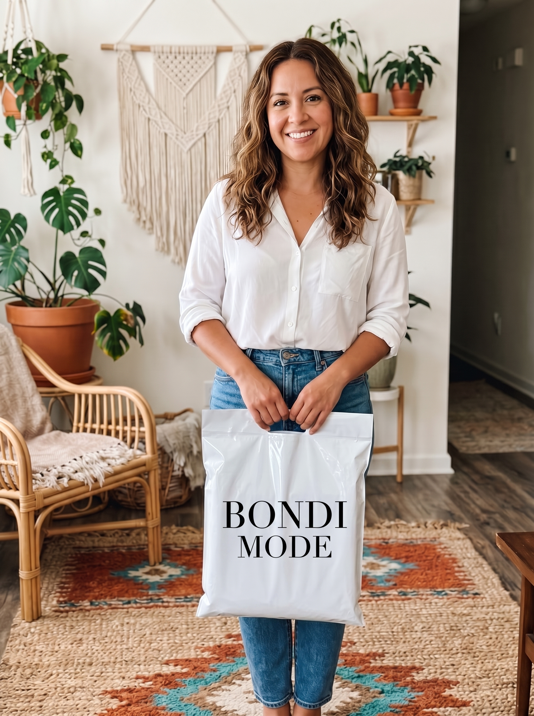 Customer holding her Bondi Mode order at home