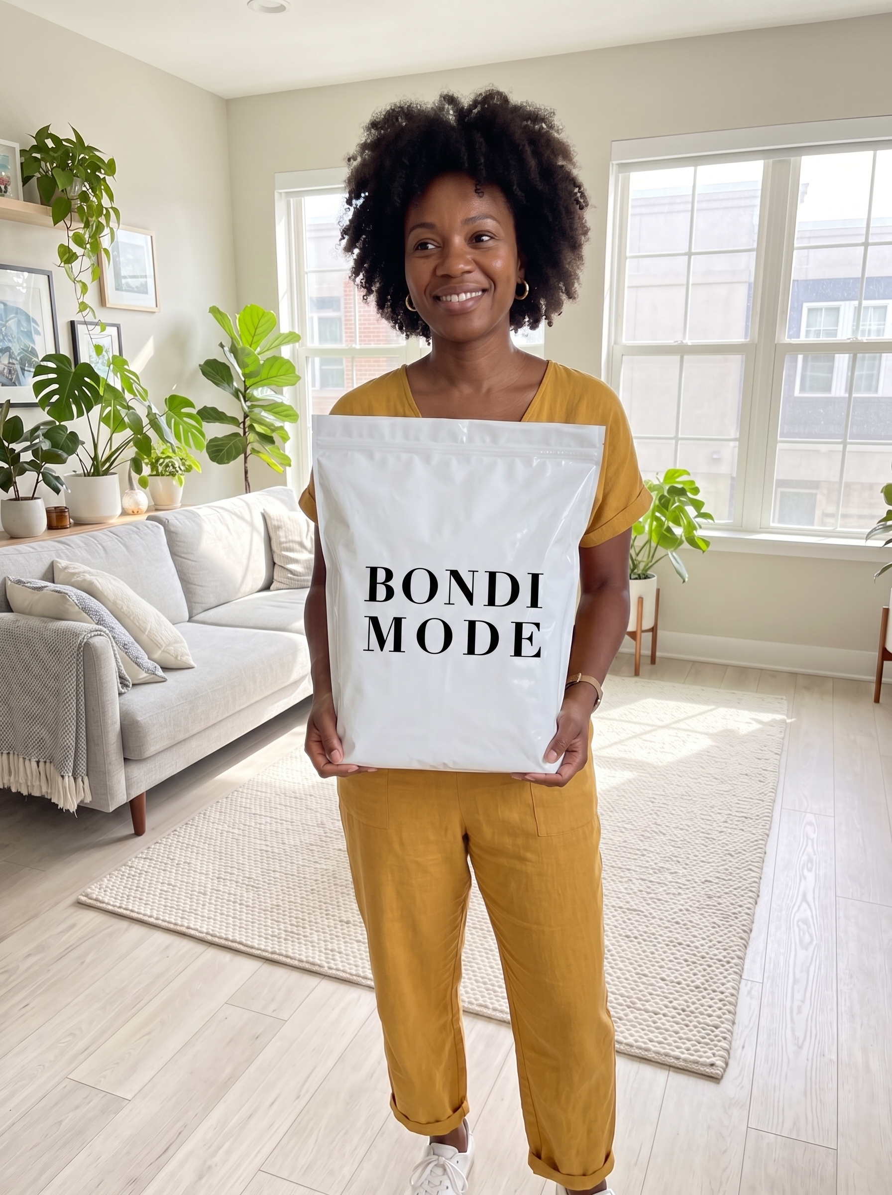 Customer holding her Bondi Mode order at home