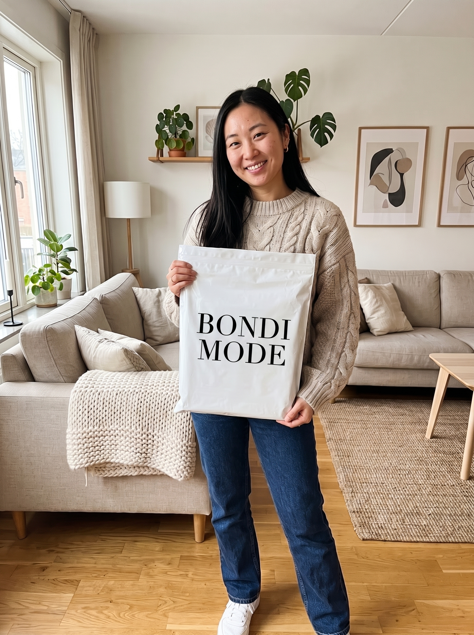 Customer holding her Bondi Mode order at home