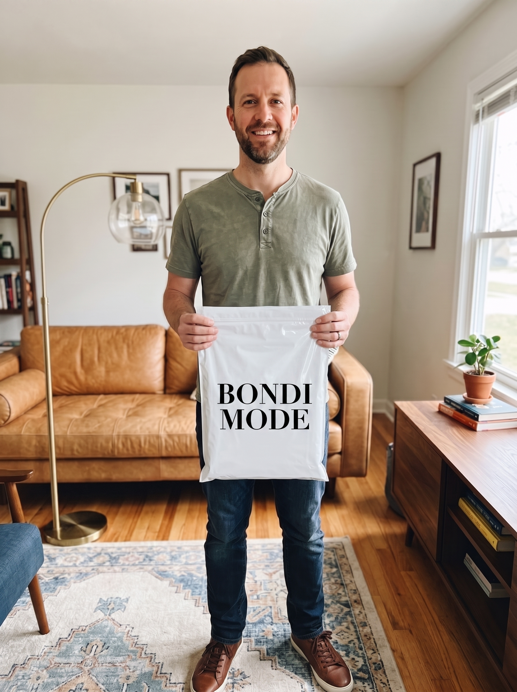 Customer holding his Bondi Mode order at home