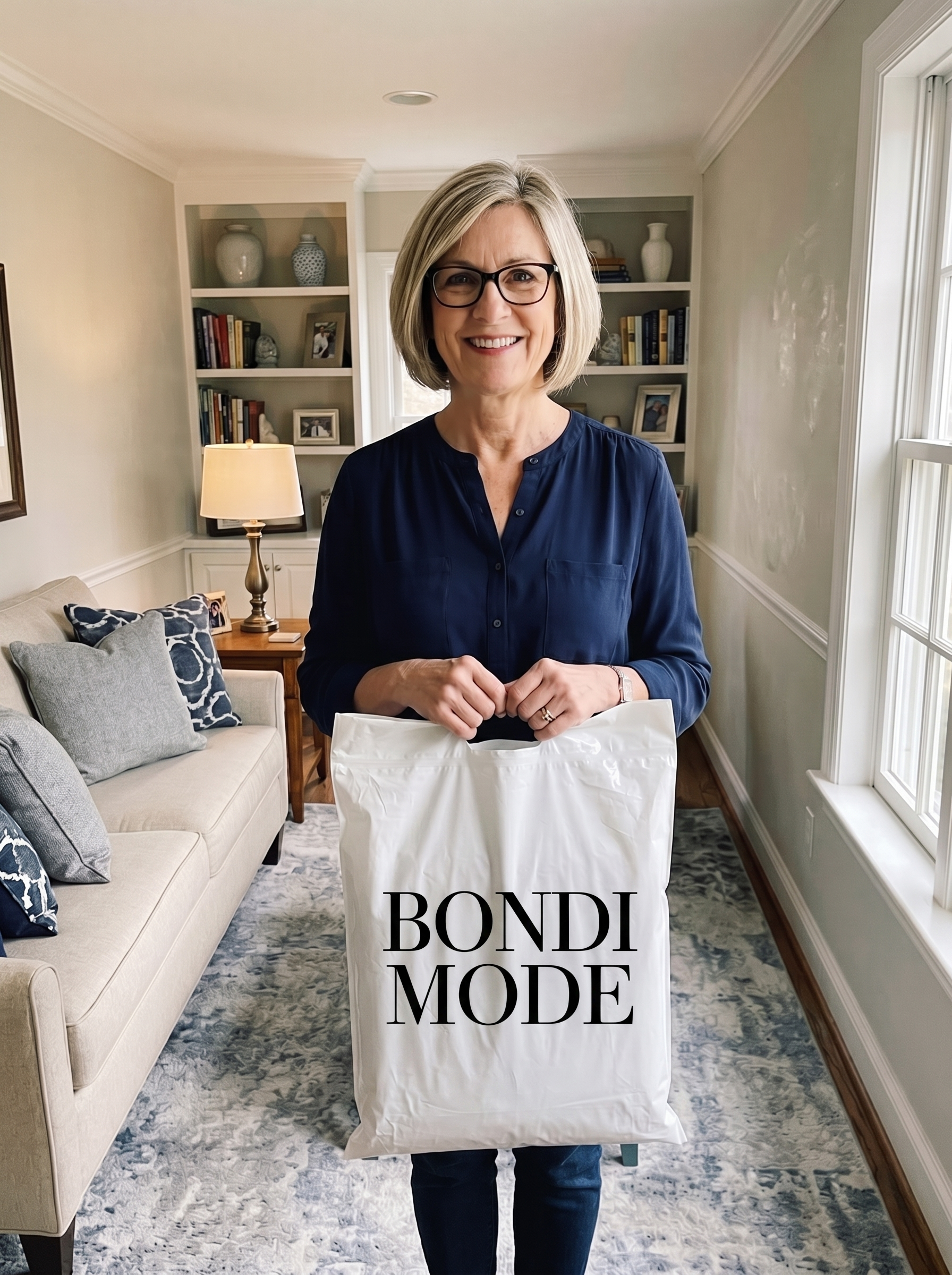 Customer holding her Bondi Mode order at home