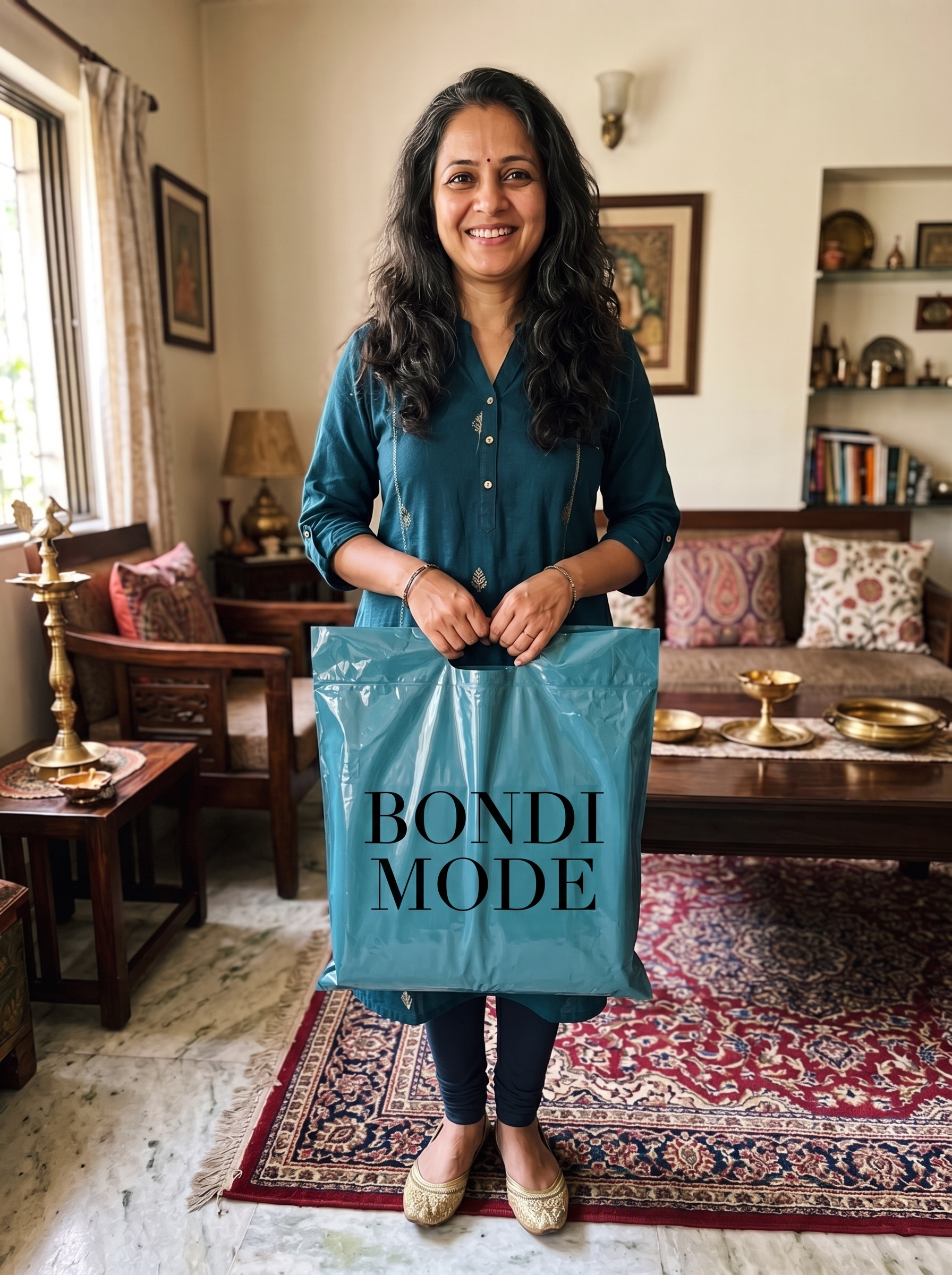 Customer holding her Bondi Mode order at home