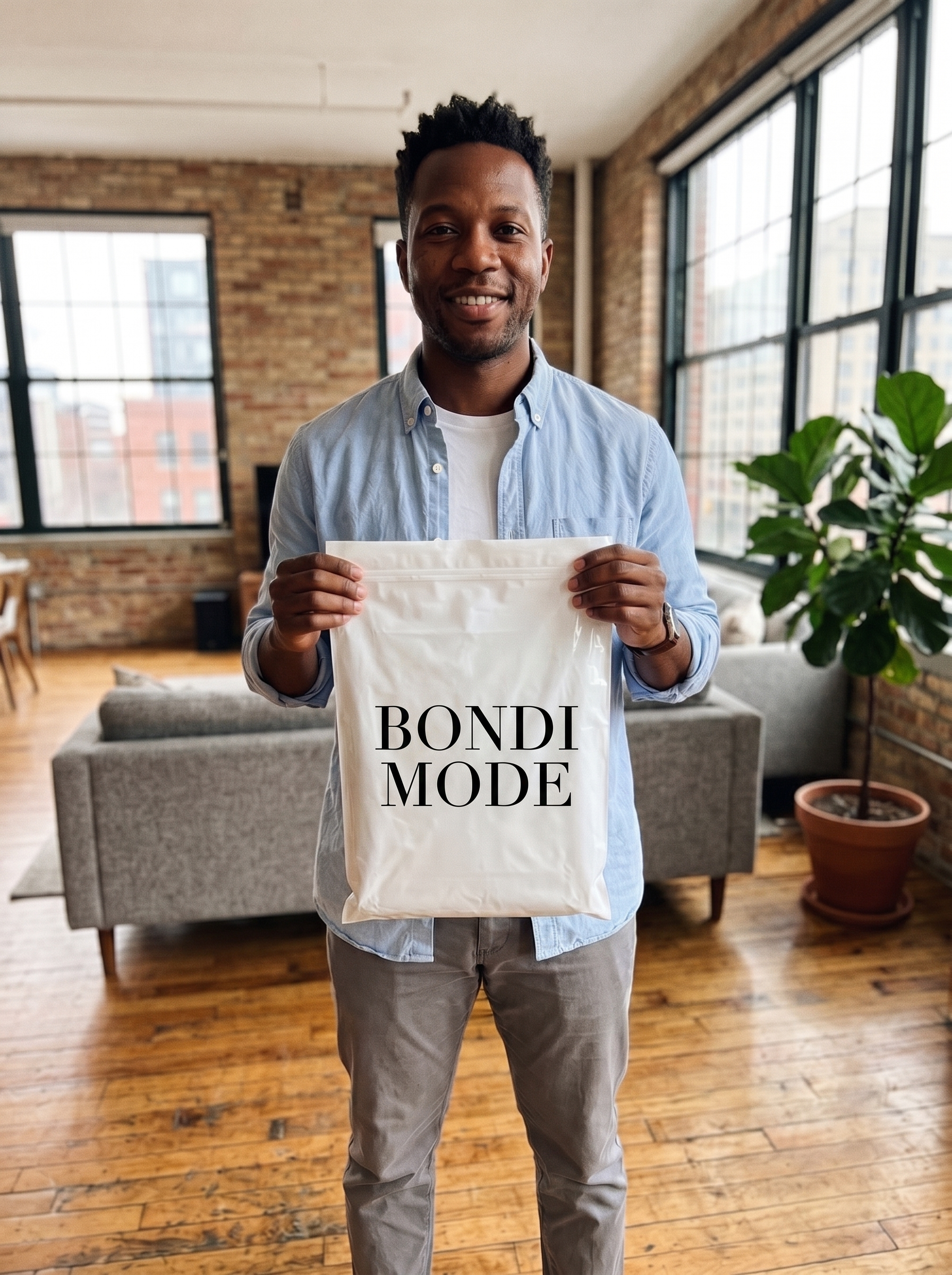 Customer holding his Bondi Mode order at home
