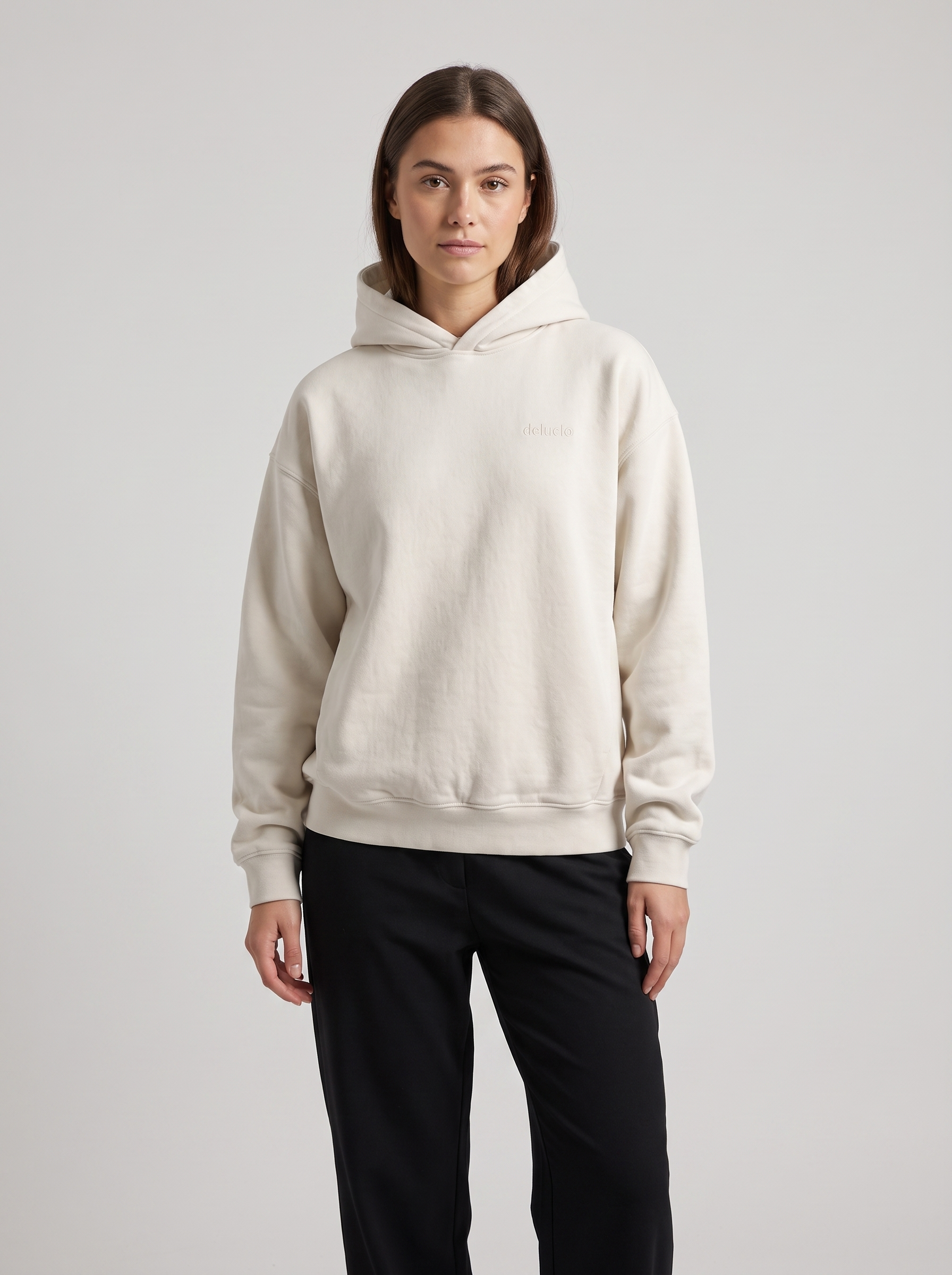 Core Heavyweight Hoodie — Bone — On model