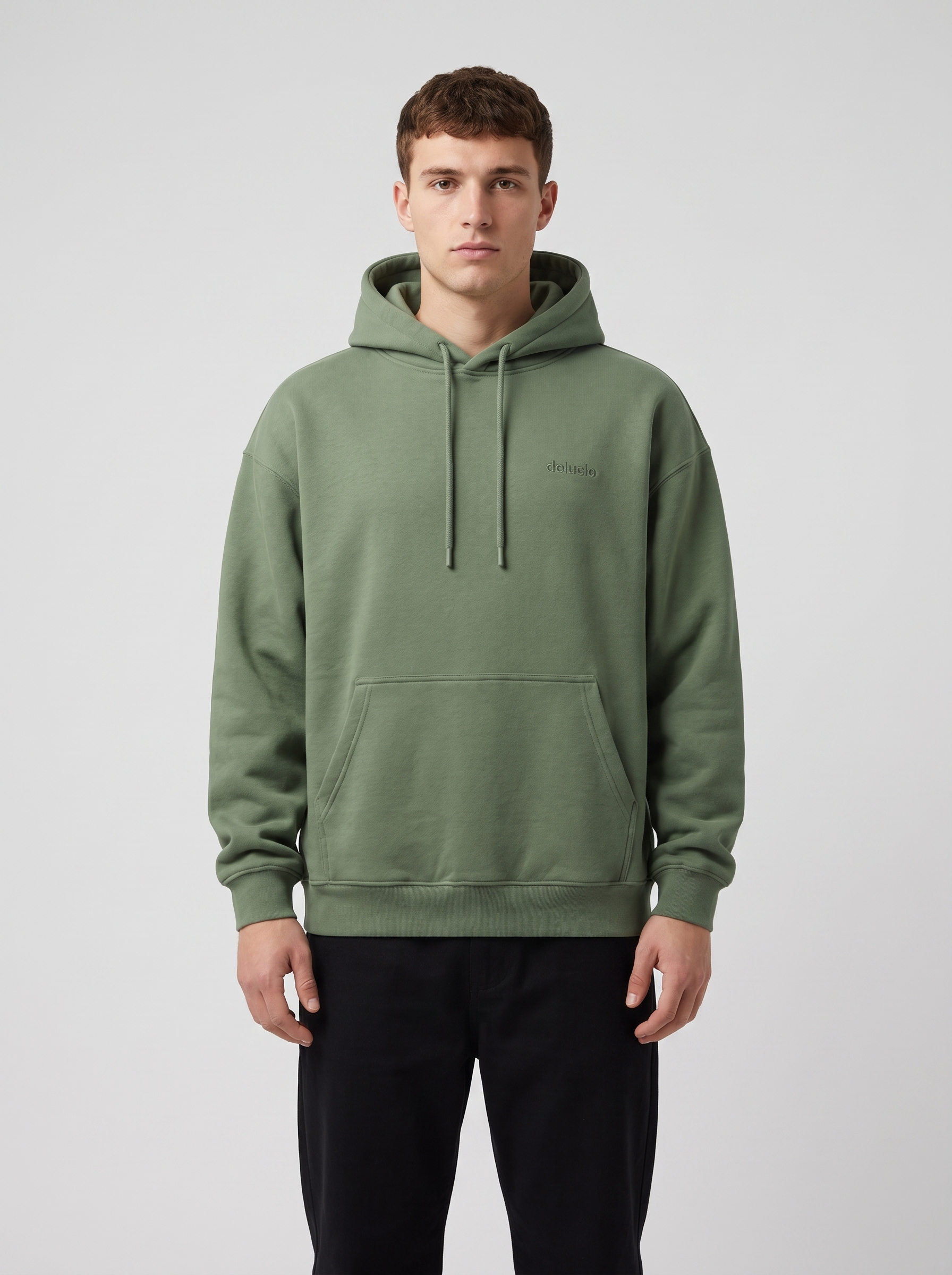 Core Heavyweight Hoodie — Moss Green — On model