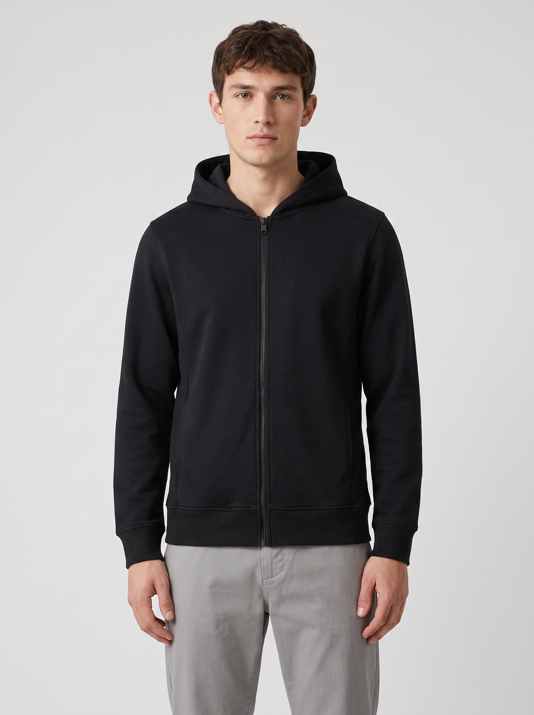 Zip-Through Hoodie — Jet Black — On model
