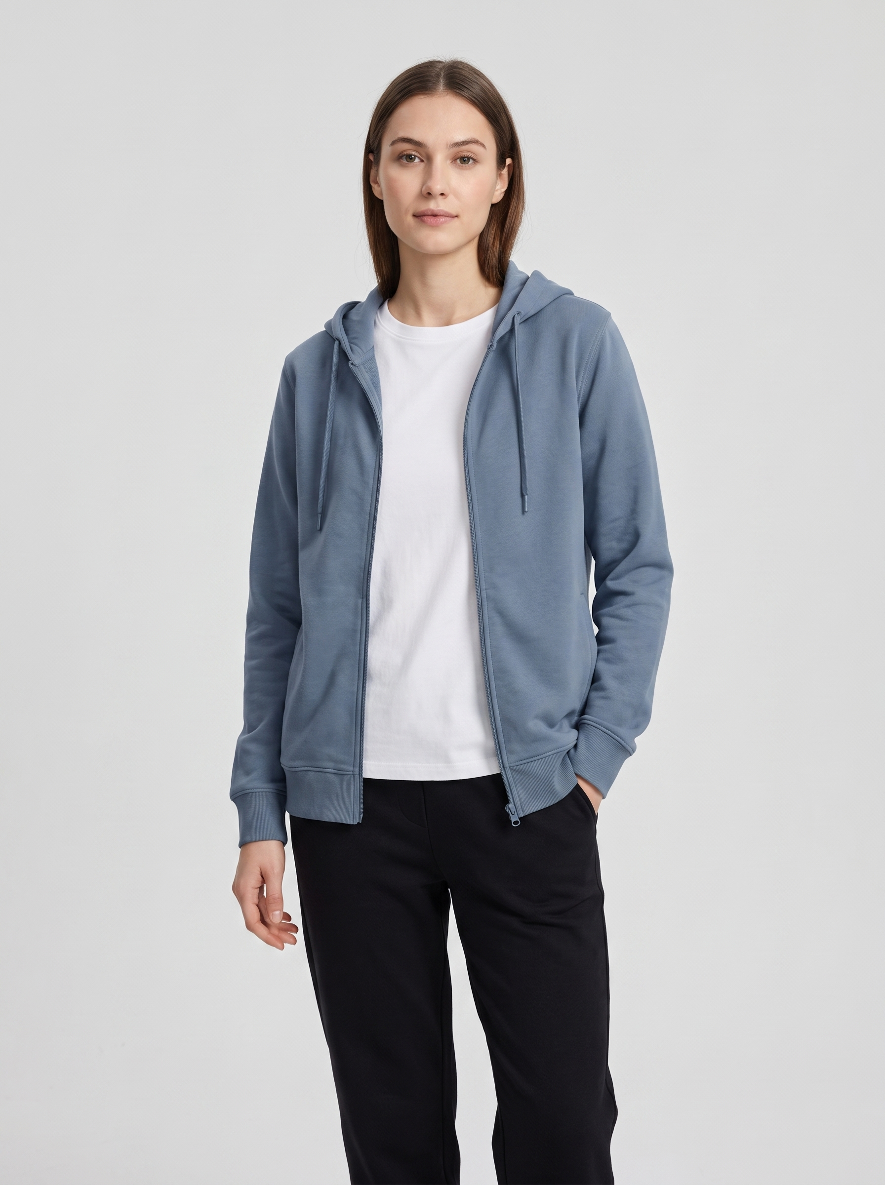 Zip-Through Hoodie — Slate Blue — On model