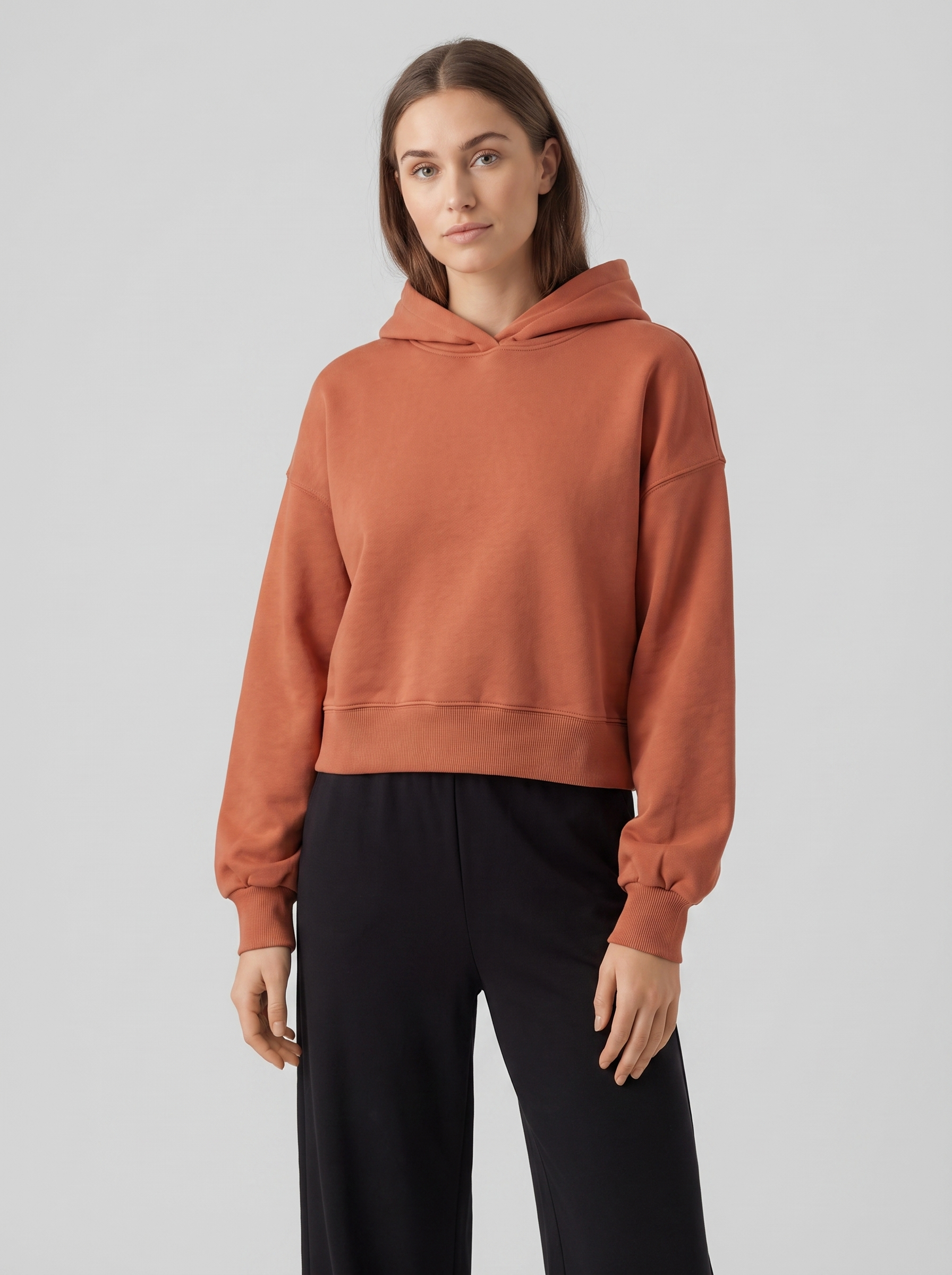 Boxy Pullover Hoodie — Clay — On model
