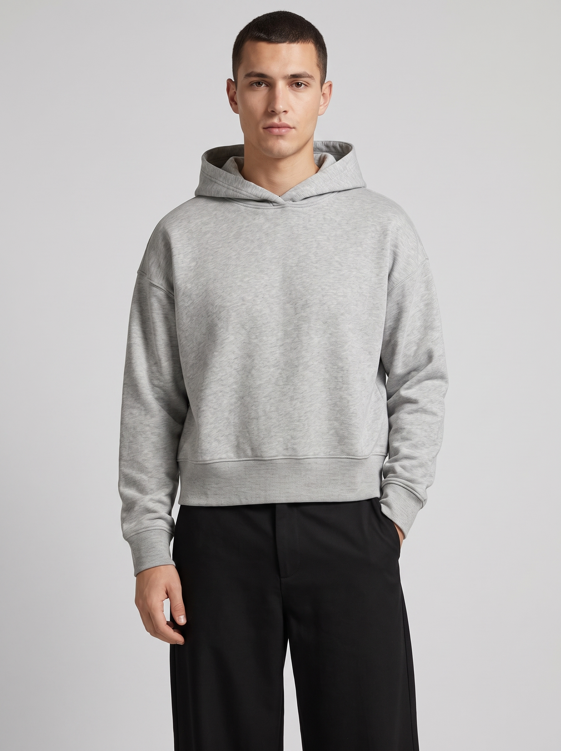 Boxy Pullover Hoodie — Ash Grey — On model