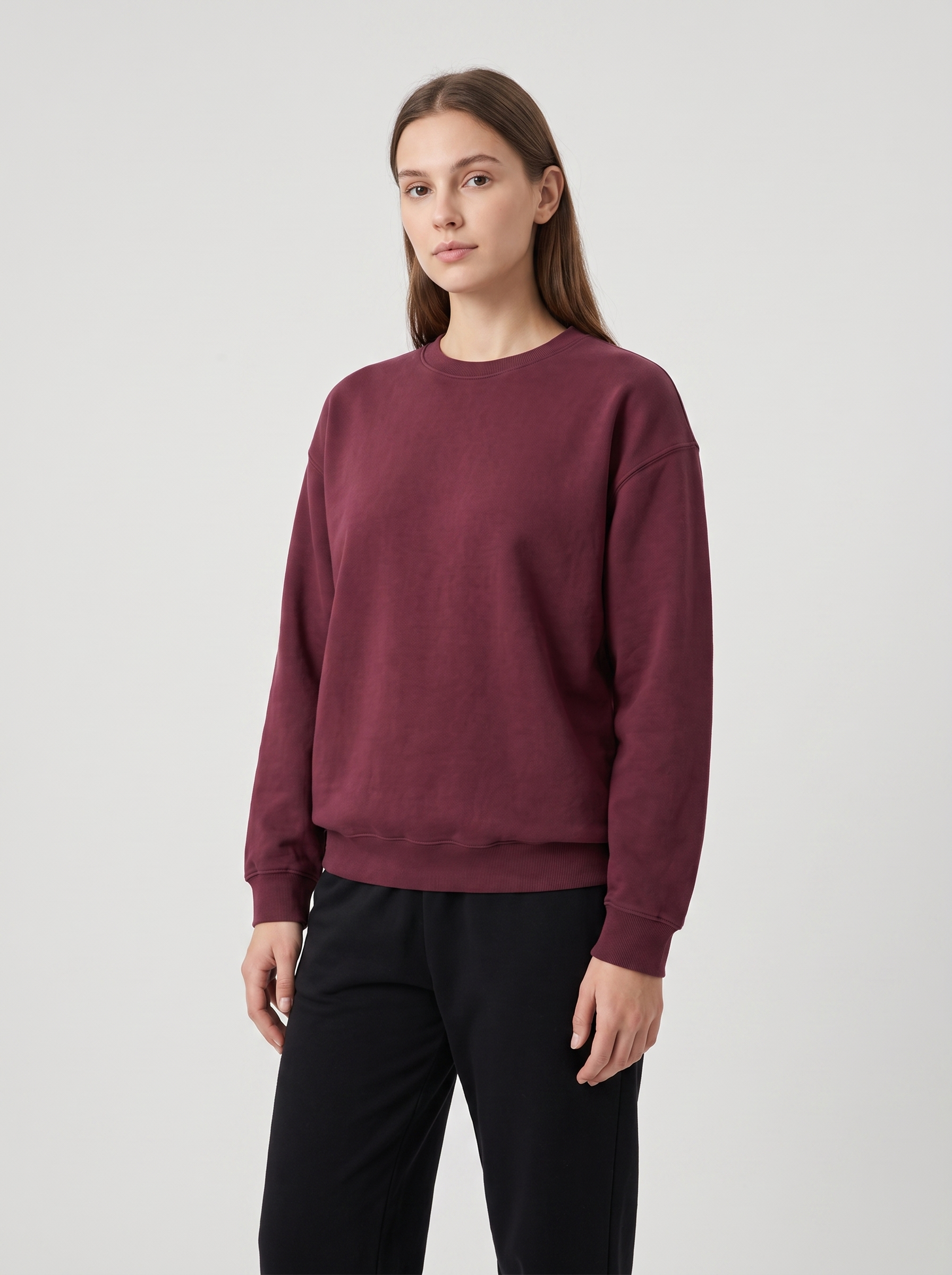 Relay Crewneck — Deep Burgundy — On model
