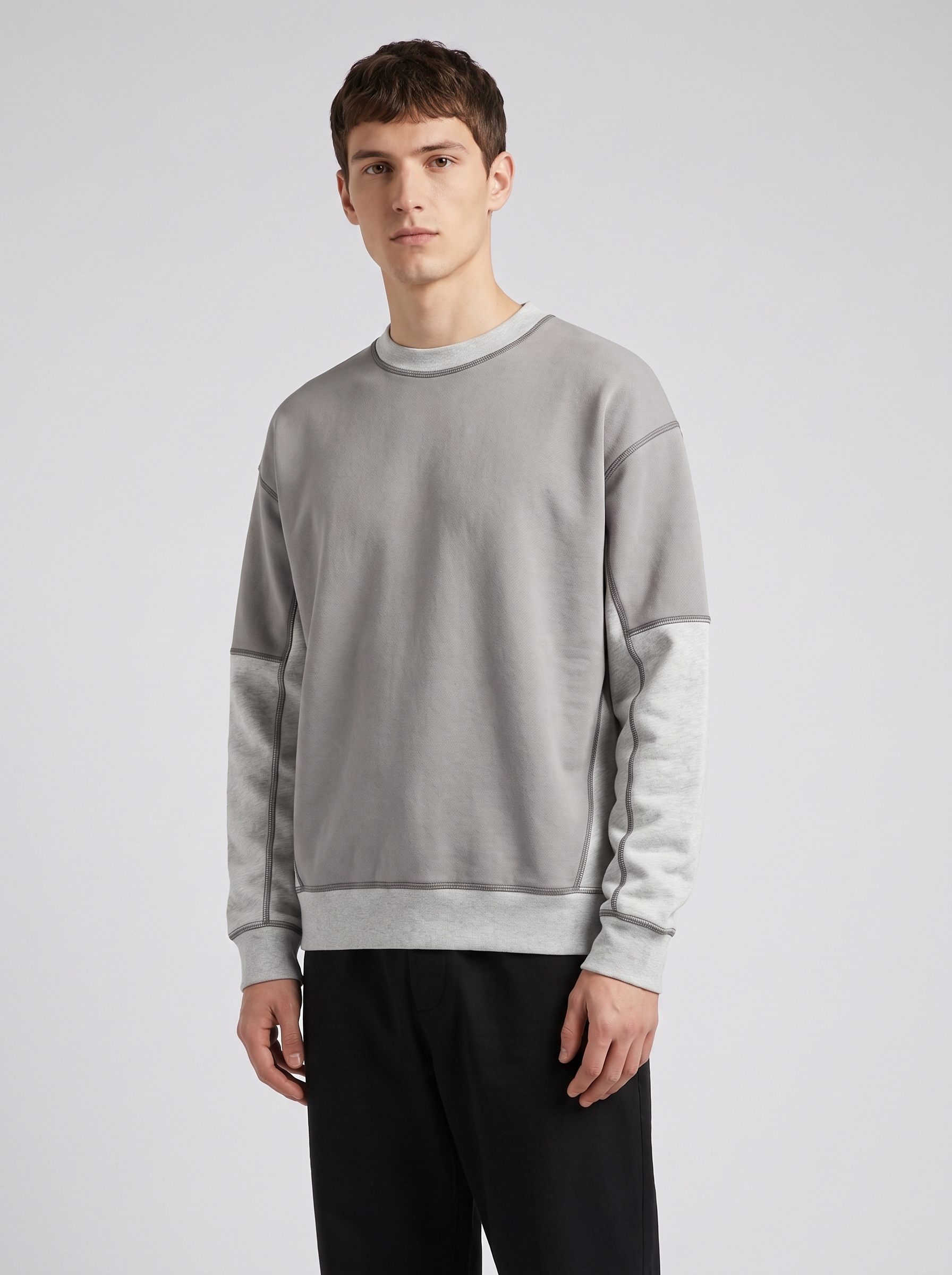 Panel Crewneck — Cement / Ash — On model