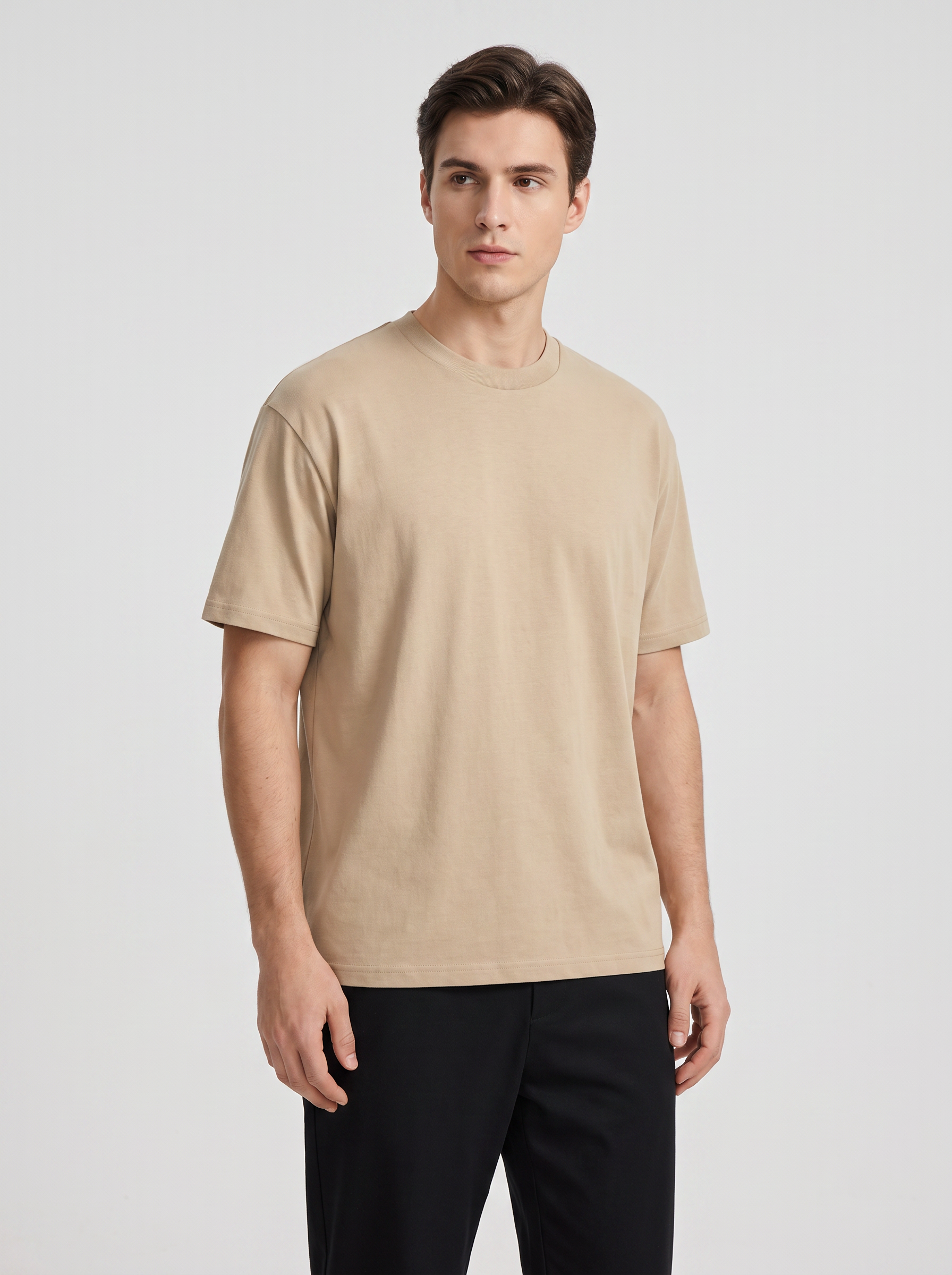 Staple Tee — Sand — On model