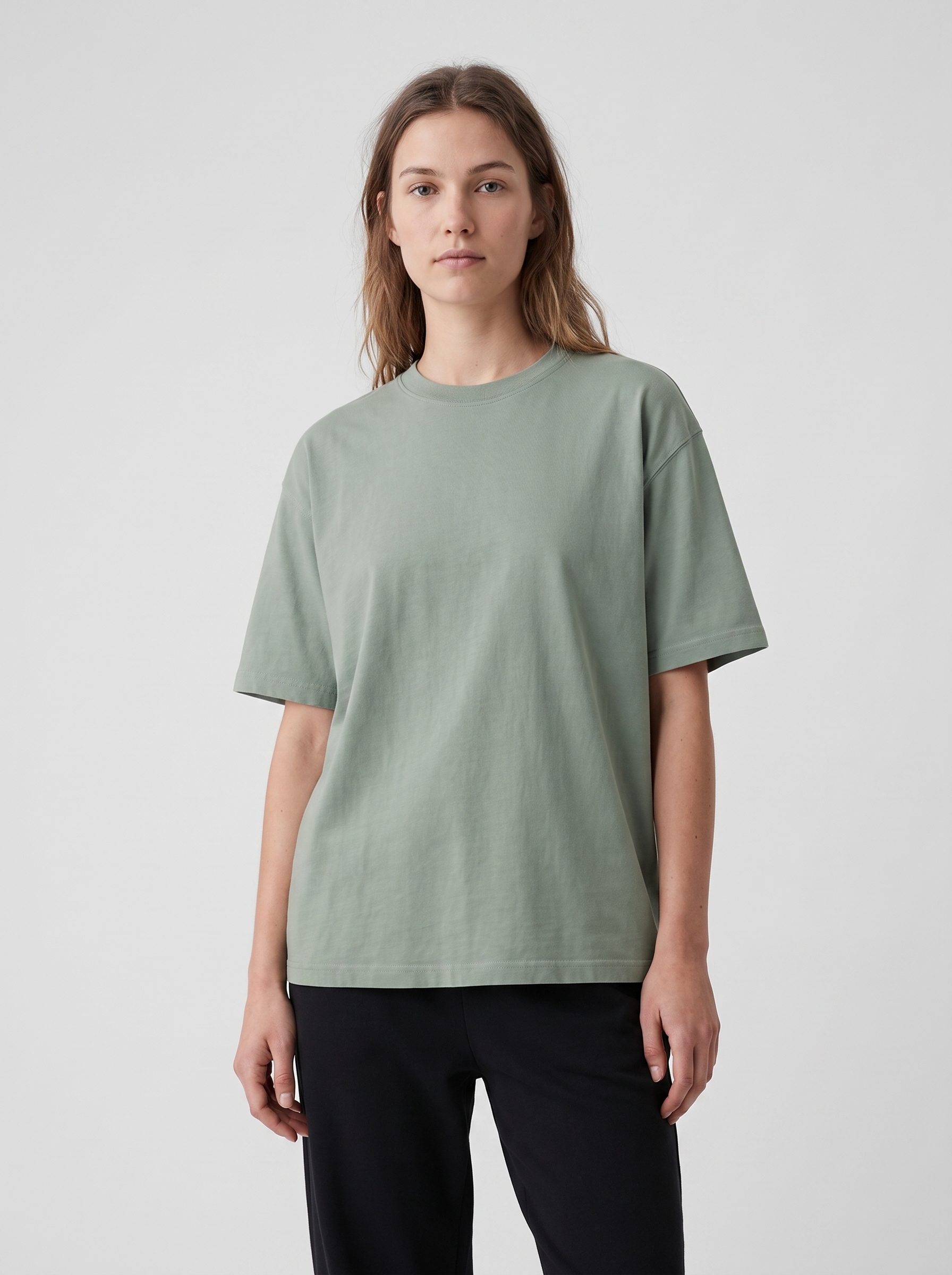 Staple Tee — Sage — On model