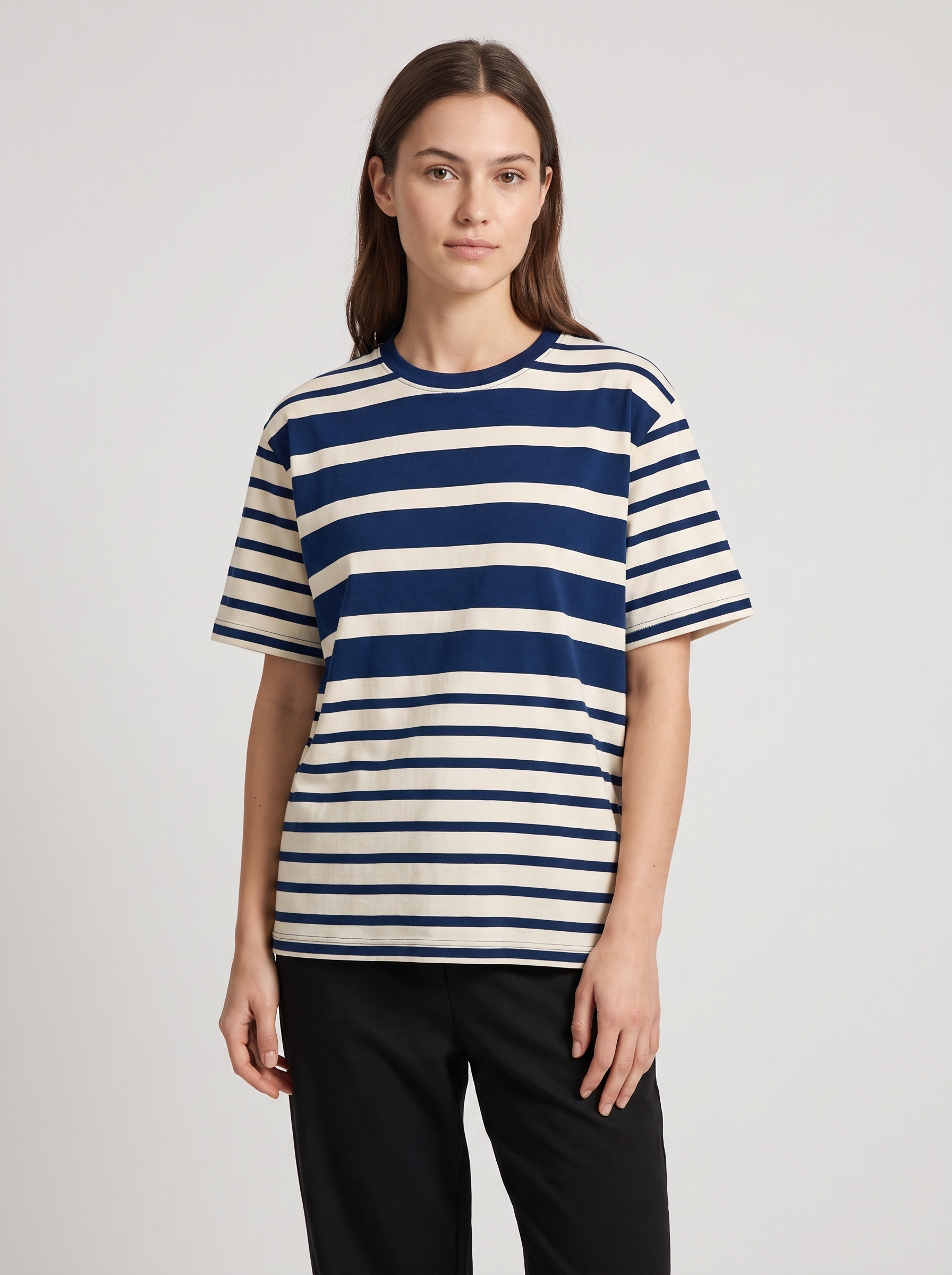 Striped Tee — Navy / Ecru — On model