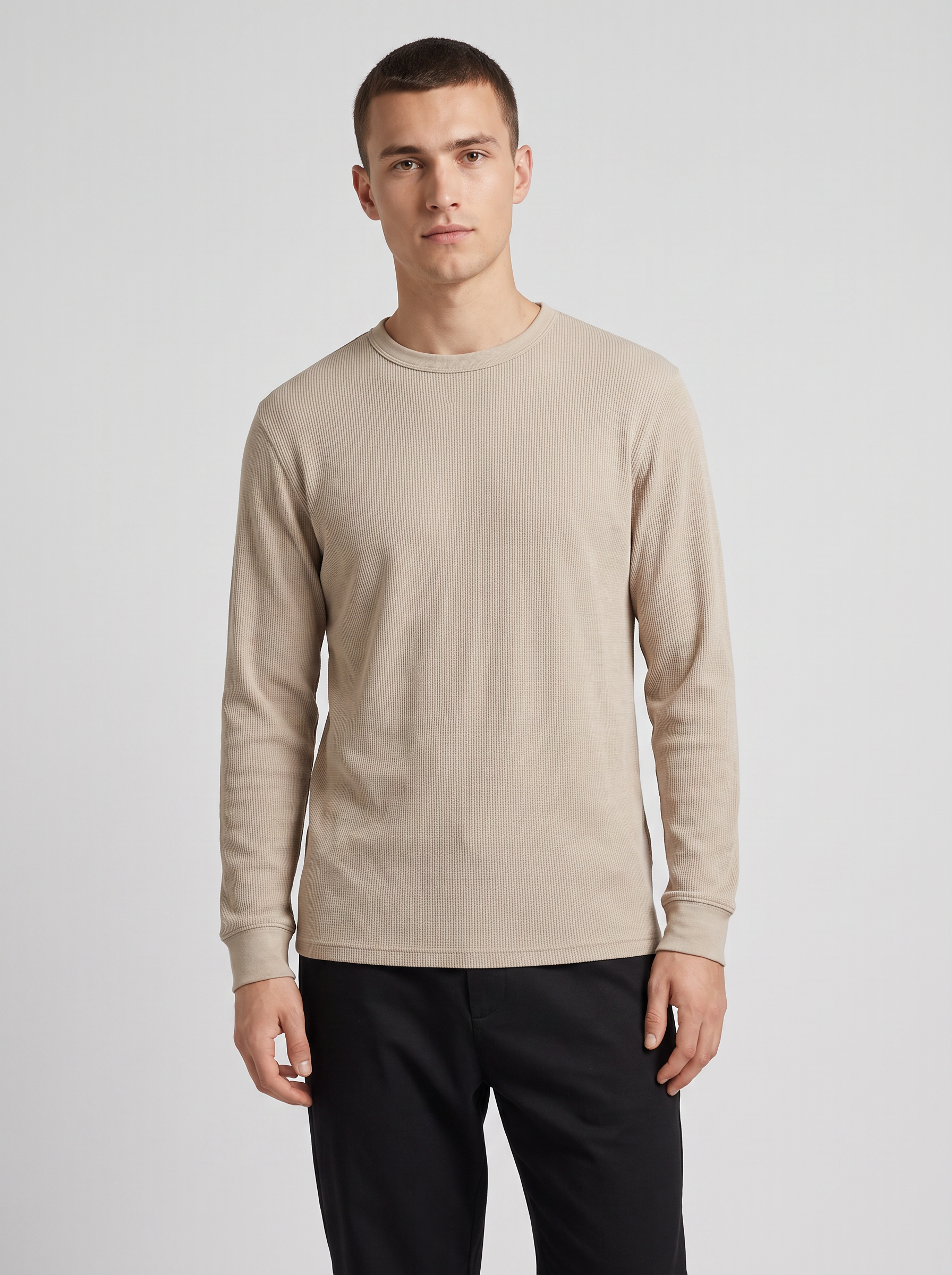 Waffle Longsleeve — Oat — On model
