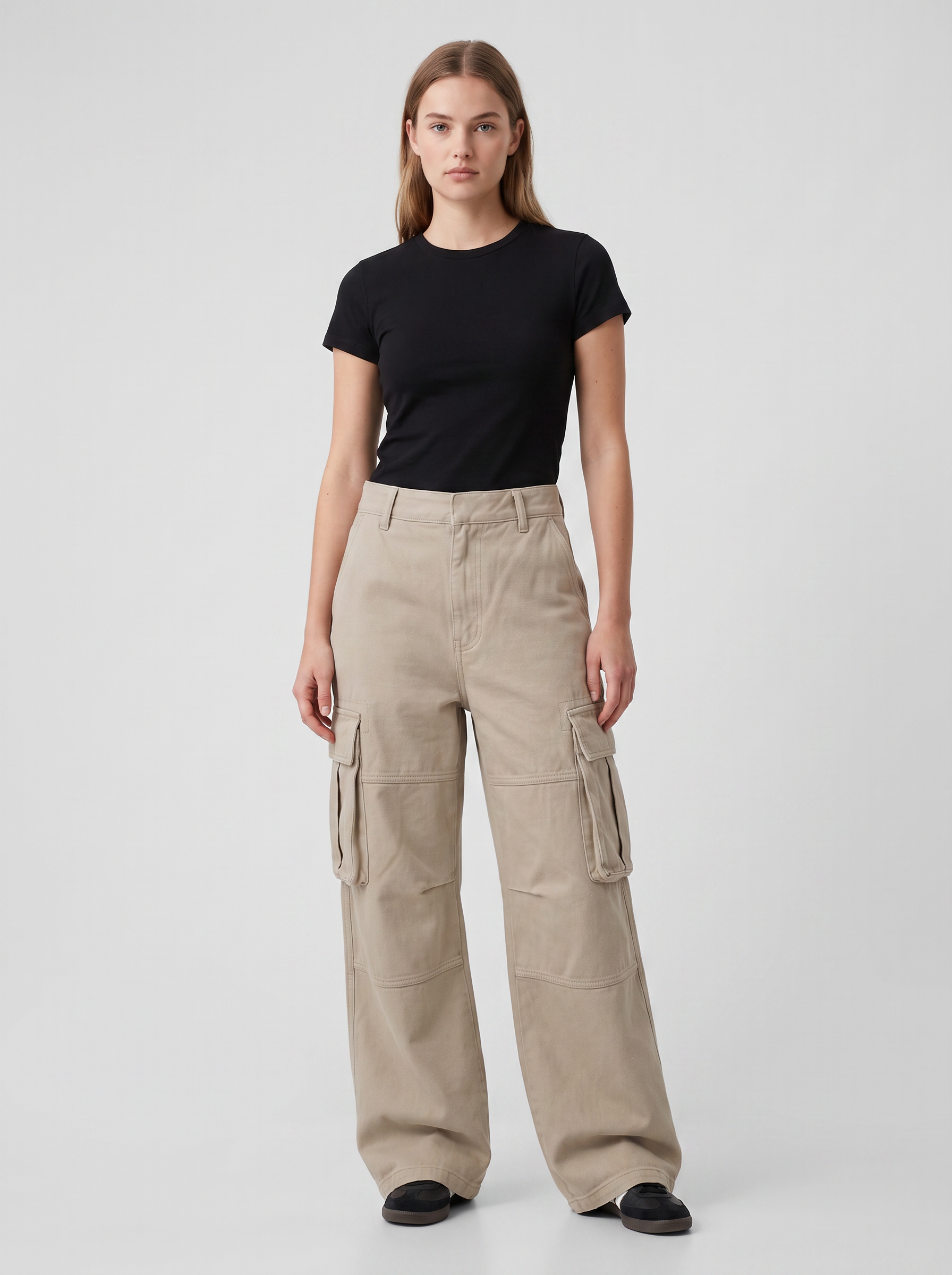 Wide Cargo Pant — Stone — On model