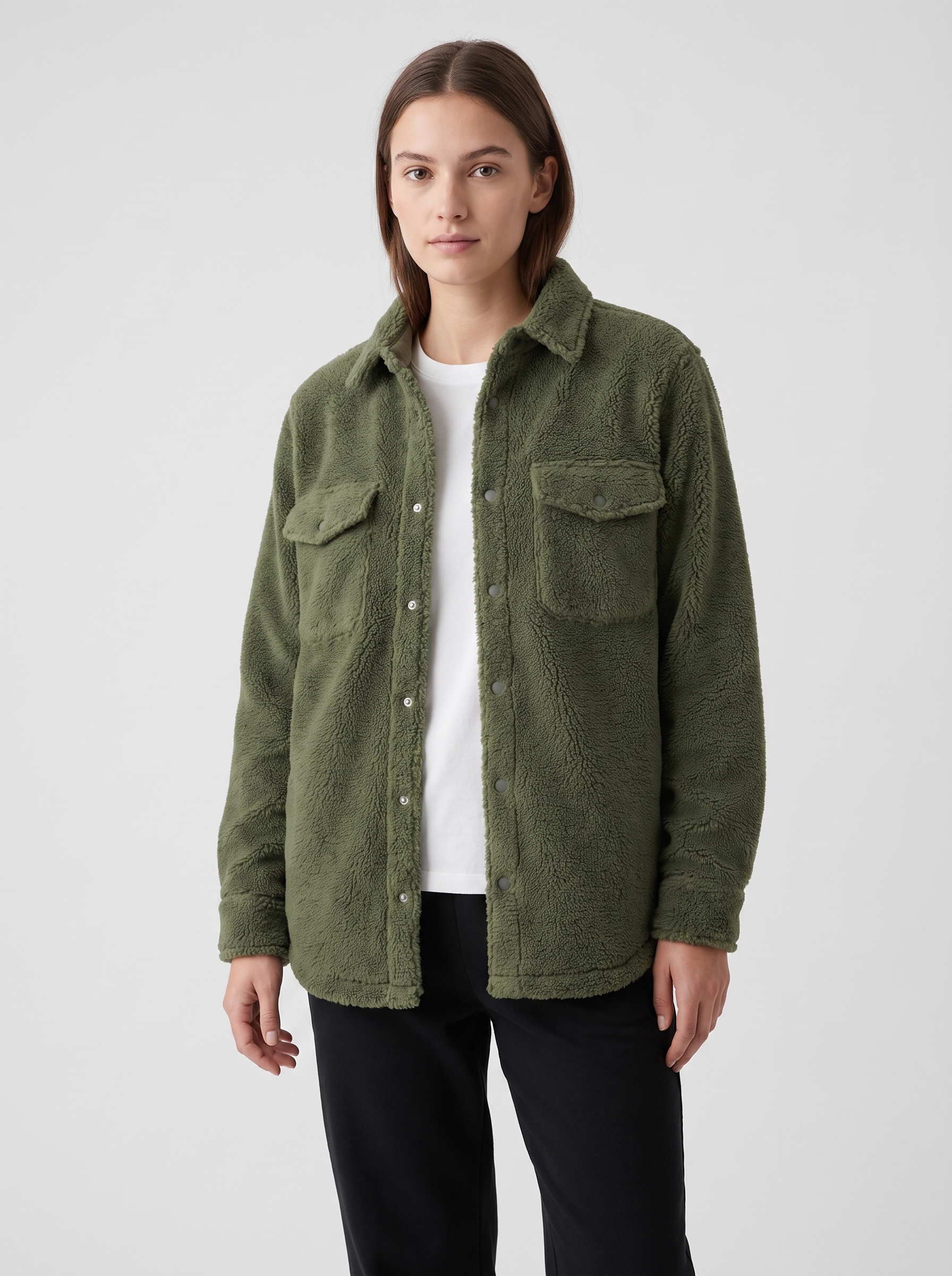 Fleece Overshirt — Moss Green — On model