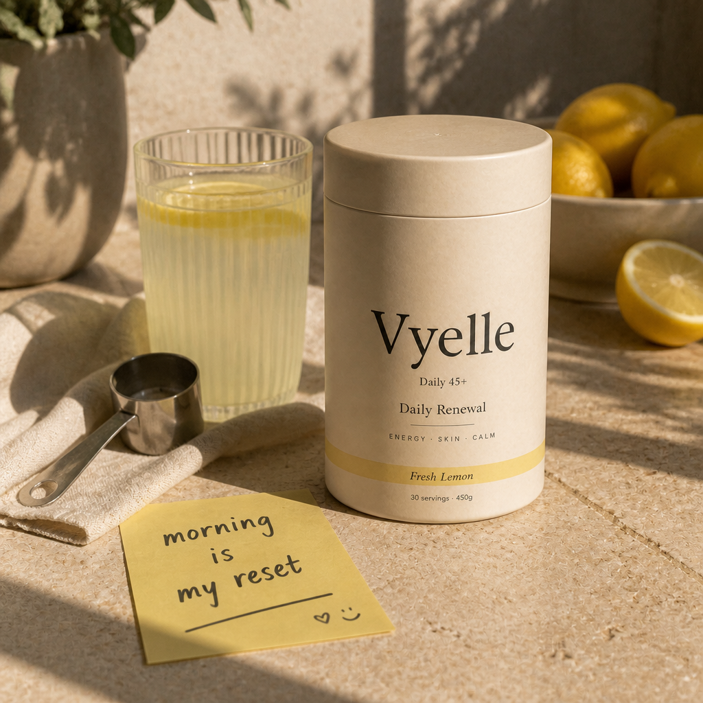 Vyelle Daily Renewal tub with a glass of lemon water and a scoop