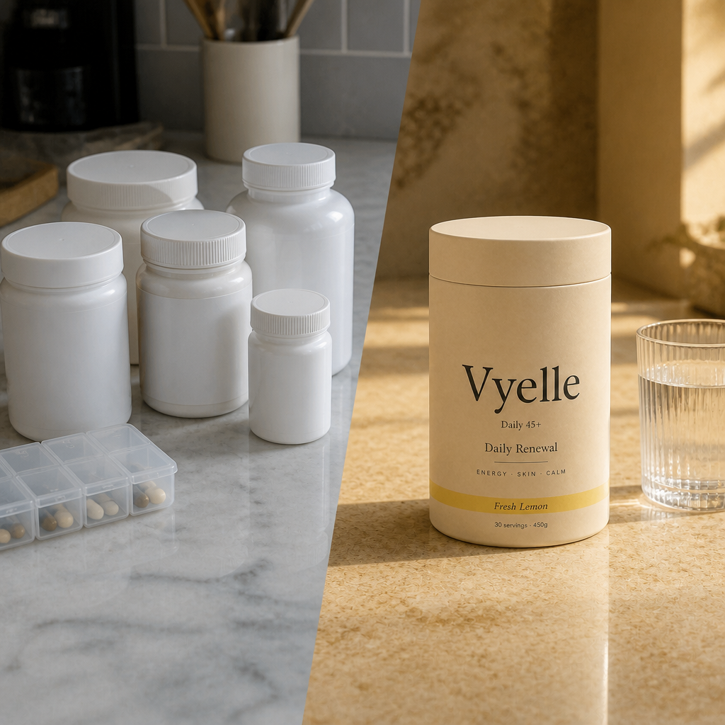 Five separate supplement bottles beside one Vyelle tub