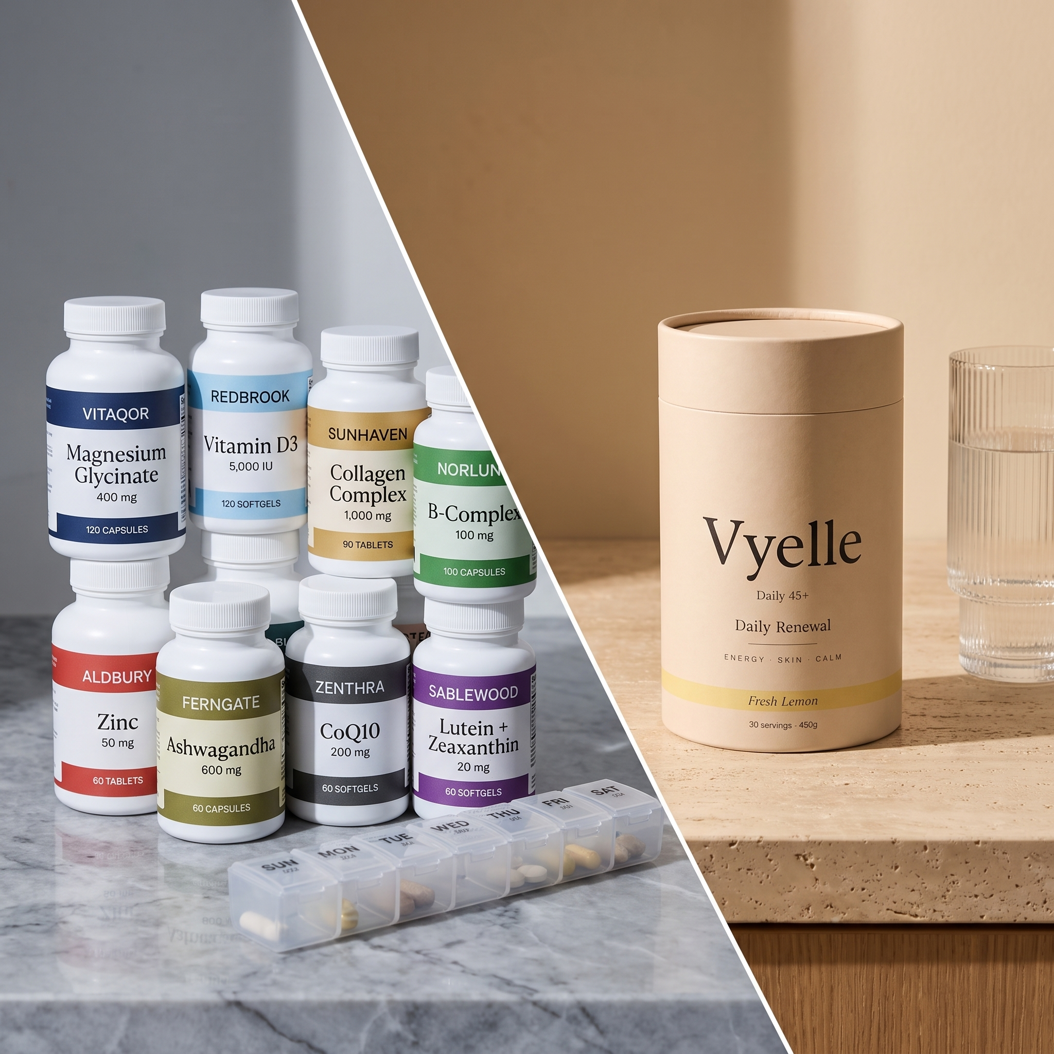 Eight branded supplement bottles crowding a kitchen counter beside one Vyelle tub