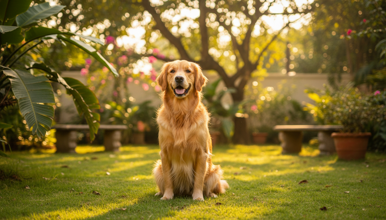 Happy healthy Golden Retriever in a lush Indian garden — tick prevention for dogs in India