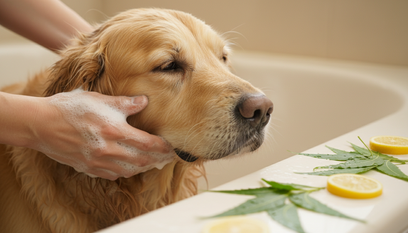 Bathing a dog with natural neem and lemon anti-tick shampoo
