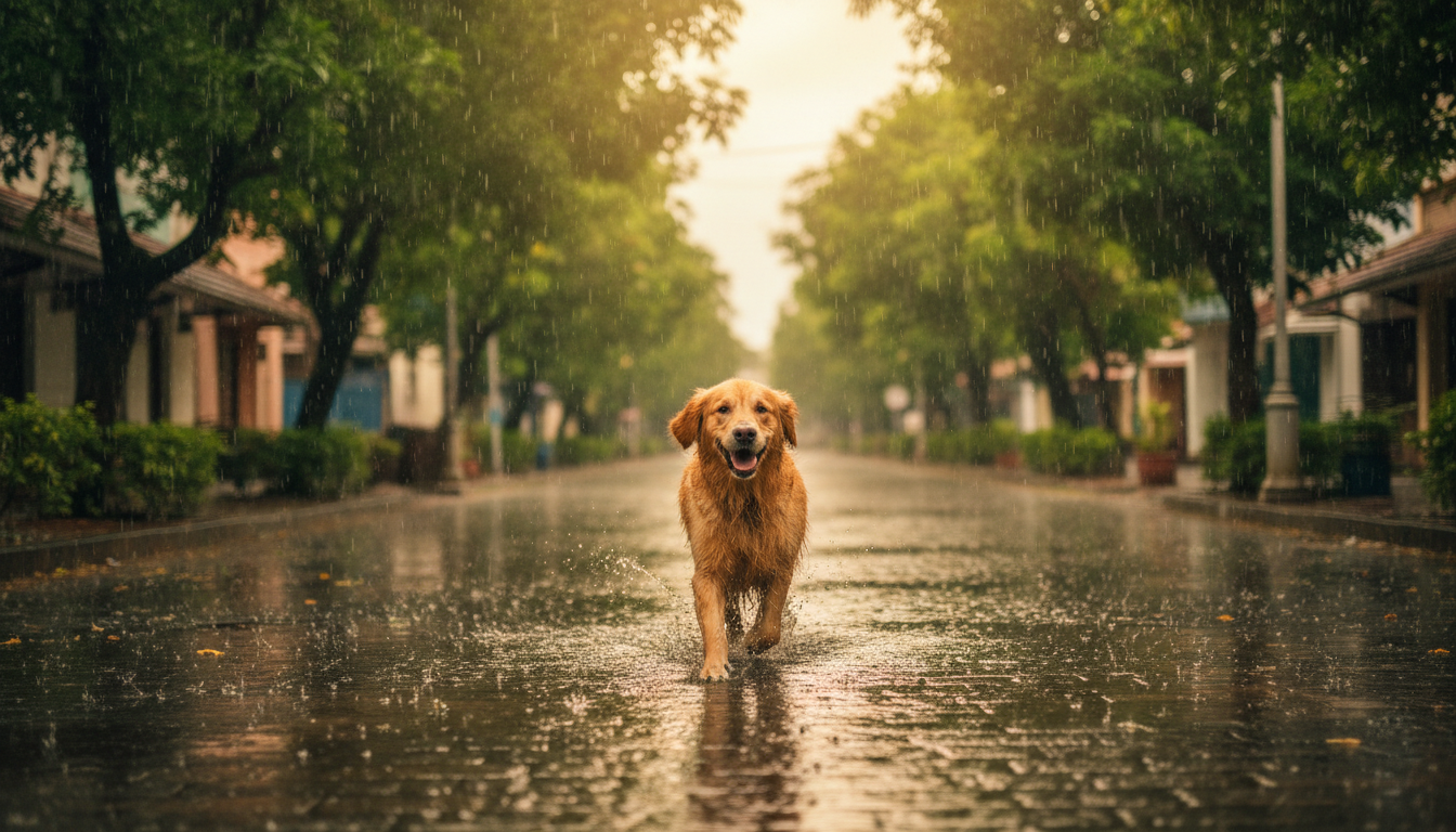Happy Golden Retriever playing in monsoon rain in India — monsoon dog care guide 2026