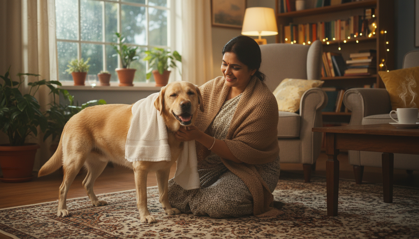 Indian pet owner drying Labrador with a towel after monsoon walk — monsoon dog care India