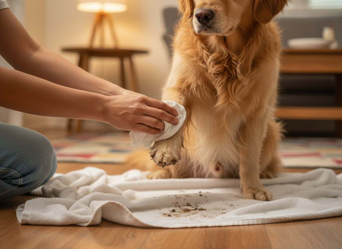 Caring hands cleaning a dog's muddy paws after a monsoon walk in India