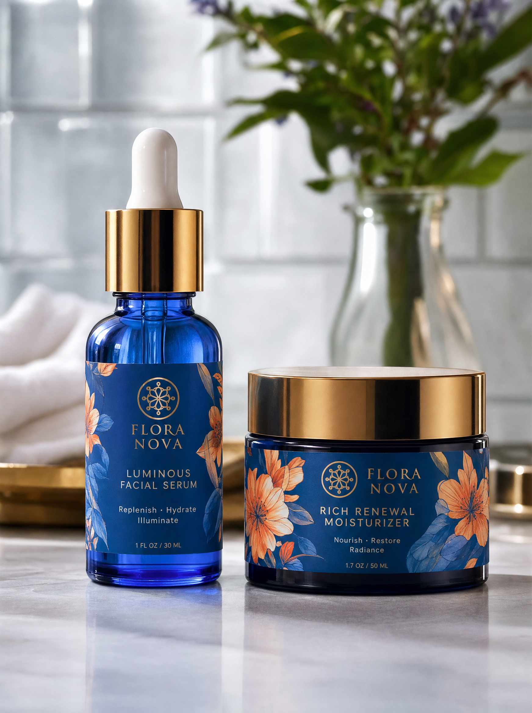 Cosmetic serum and jar in full color