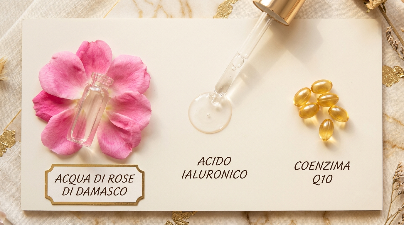 I tre attivi di ELIXIR MASK: rose di Damasco, acido ialuronico, coenzima Q10