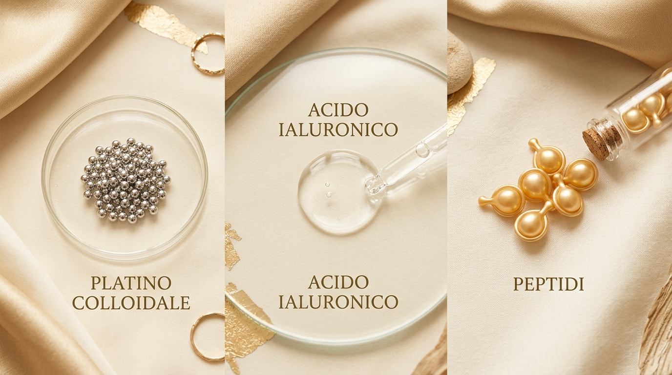 I tre attivi di PlatinumSkin: platino colloidale, acido ialuronico, peptidi