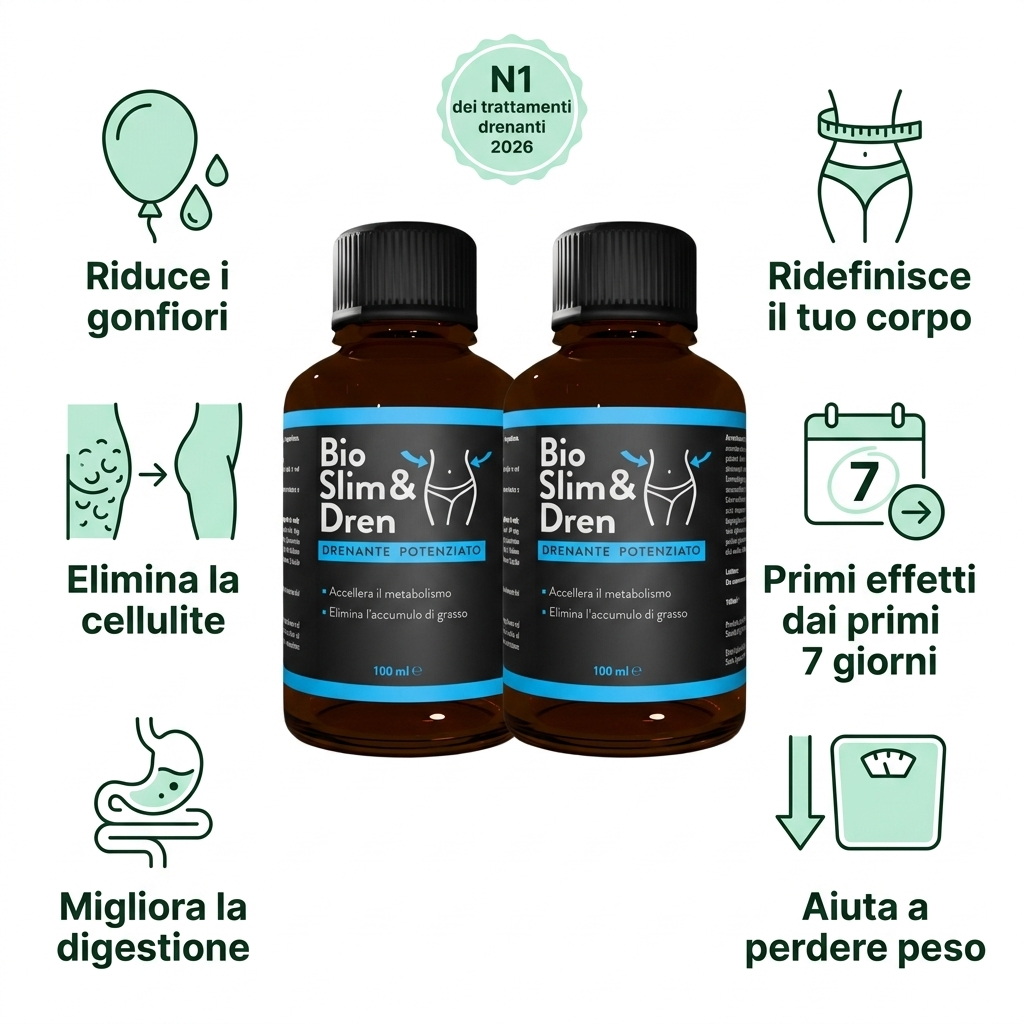 Benefici di Slimmy Dren: riduce i gonfiori, elimina la cellulite, migliora la digestione, ridefinisce il corpo, primi effetti dai primi 7 giorni, aiuta a perdere peso