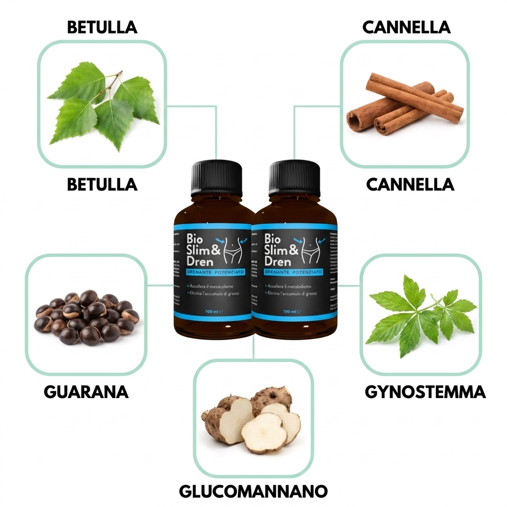 Ingredienti Slimmy Dren: betulla, cannella, guaranà, gynostemma, glucomannano