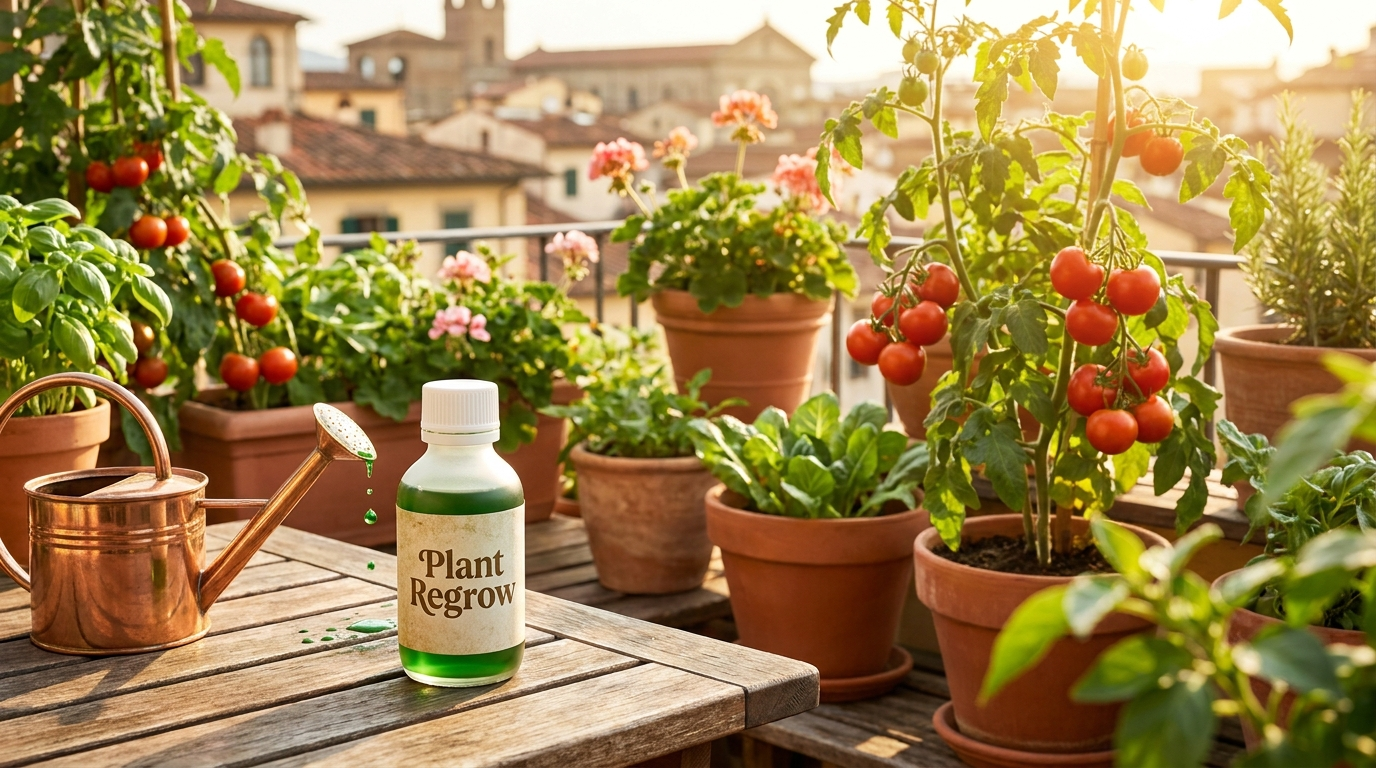 Balcone rigoglioso con orto e fiori nutriti con Plant Regrow