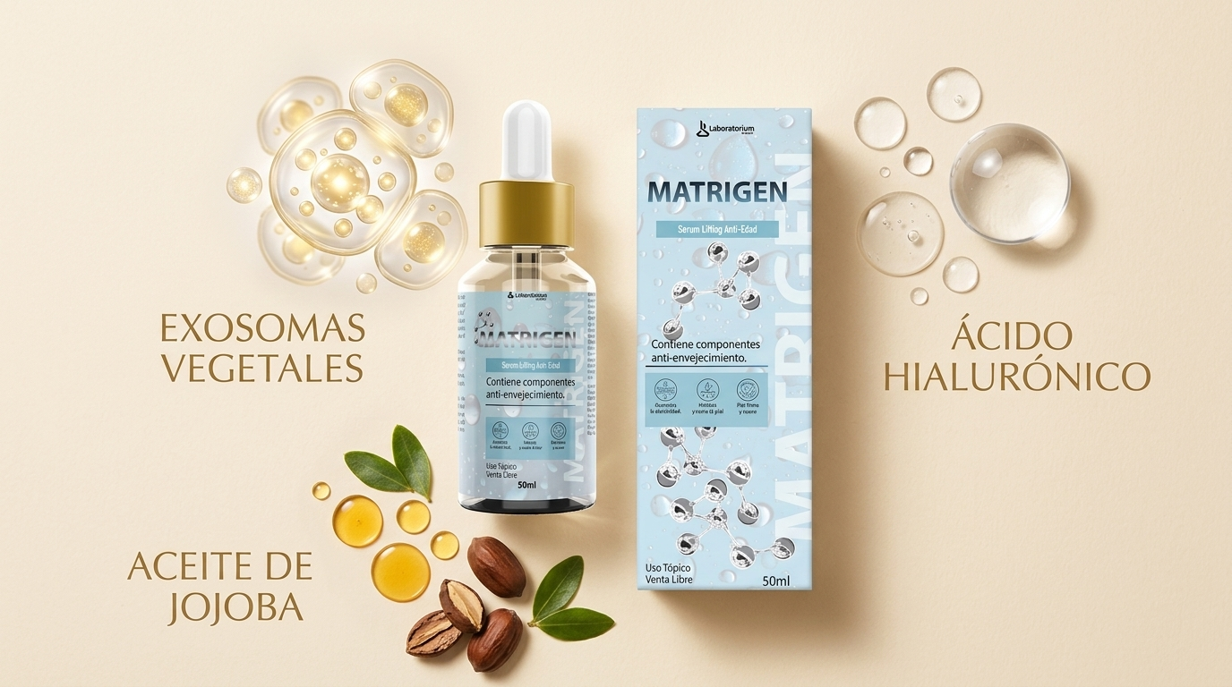 Los tres activos de Matrigen: exosomas vegetales, ácido hialurónico, aceite de jojoba