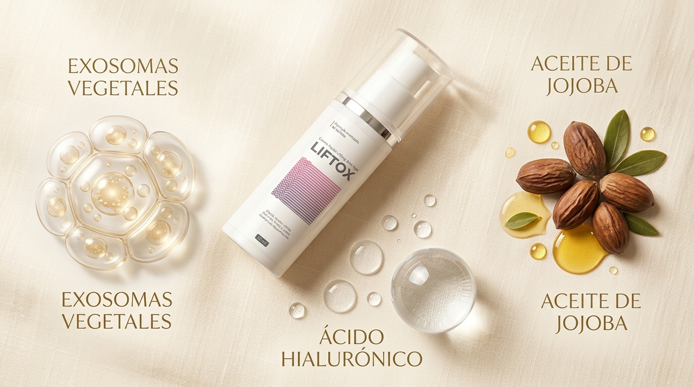 Los tres activos de Liftox: exosomas vegetales, ácido hialurónico, aceite de jojoba