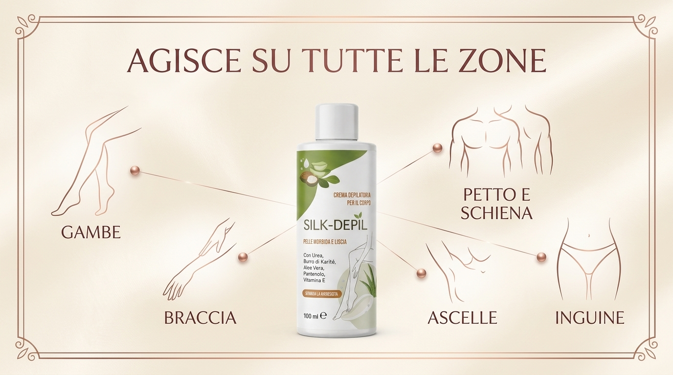 Le zone su cui agisce SILK DEPIL: gambe, braccia, ascelle, petto e schiena, inguine