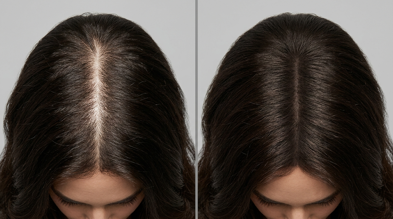 Dimostrazione illustrativa: riga dei capelli prima e dopo l'applicazione