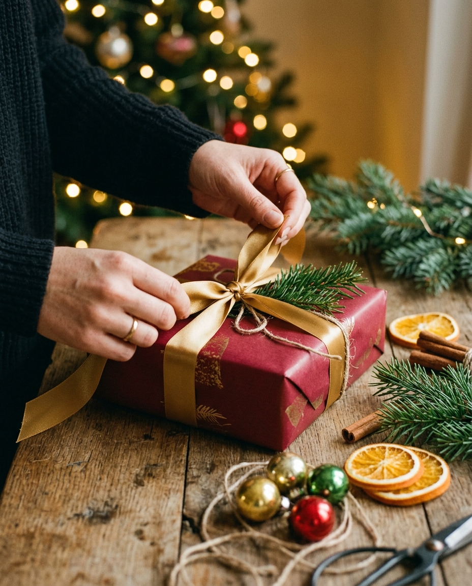 Hands wrapping a Christmas gift with red paper and gold ribbon