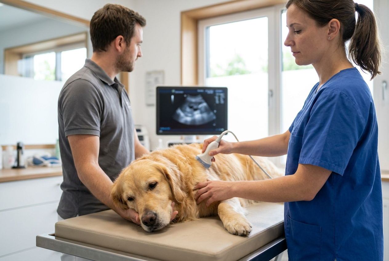 A veterinarian and a technician performing an ultrasound scan on a calm dog