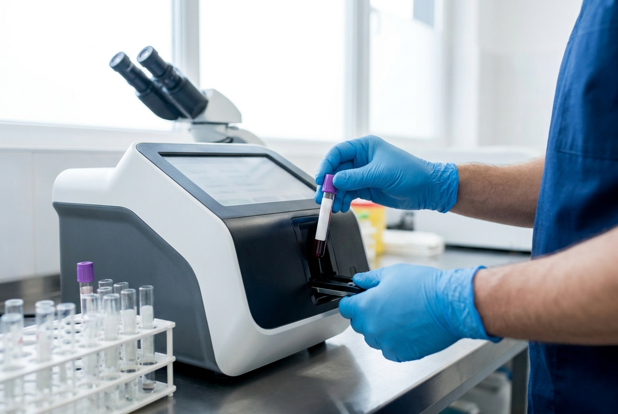 A lab technician placing a blood sample into a diagnostic analyzer