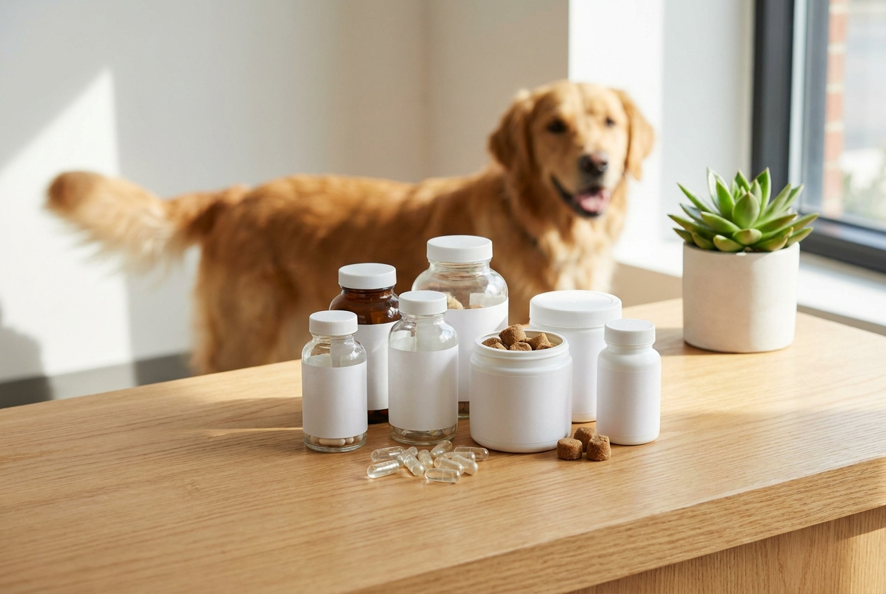 Veterinary nutritional supplements arranged on a clean clinic counter