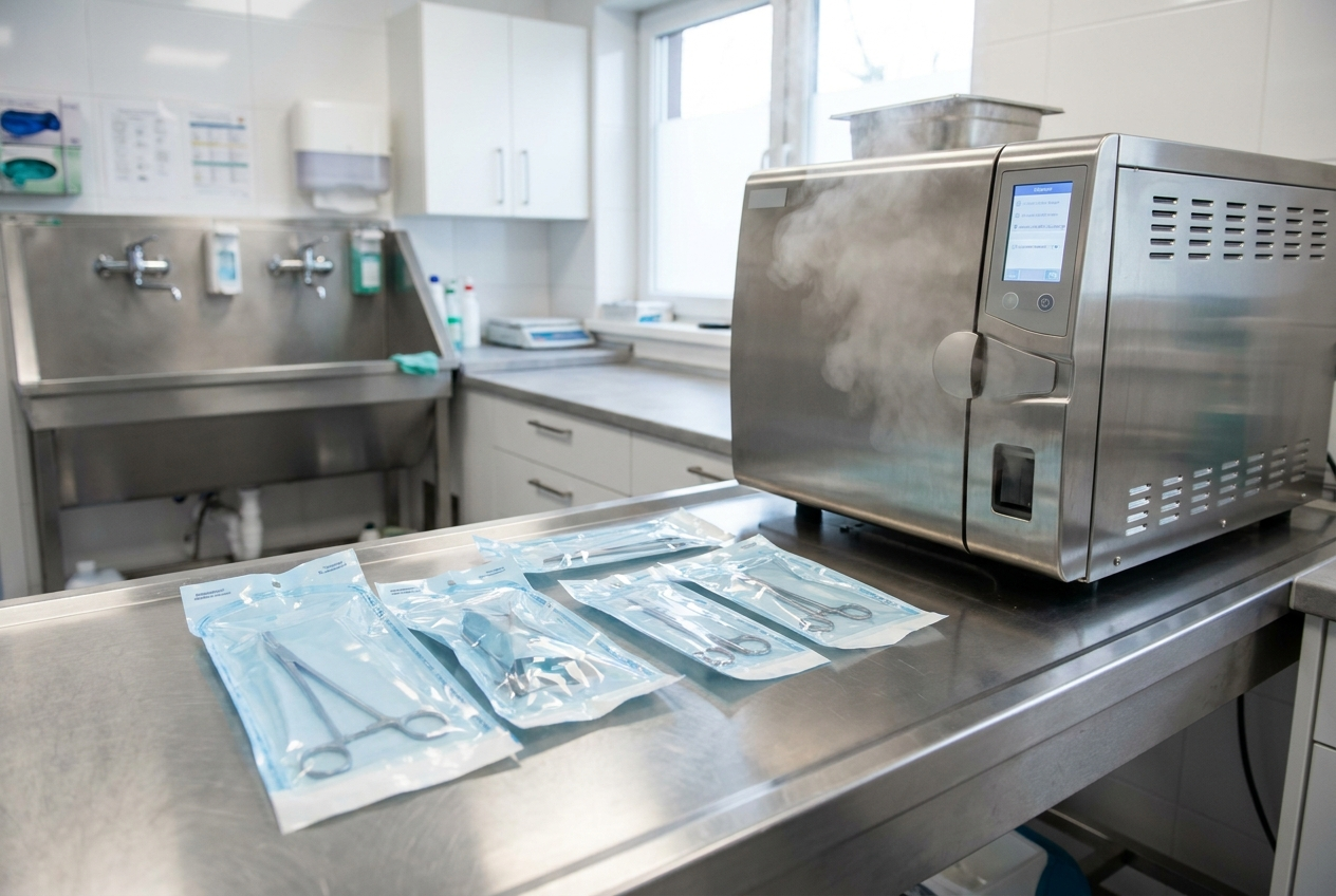 Sterilized surgical instrument pouches beside an autoclave