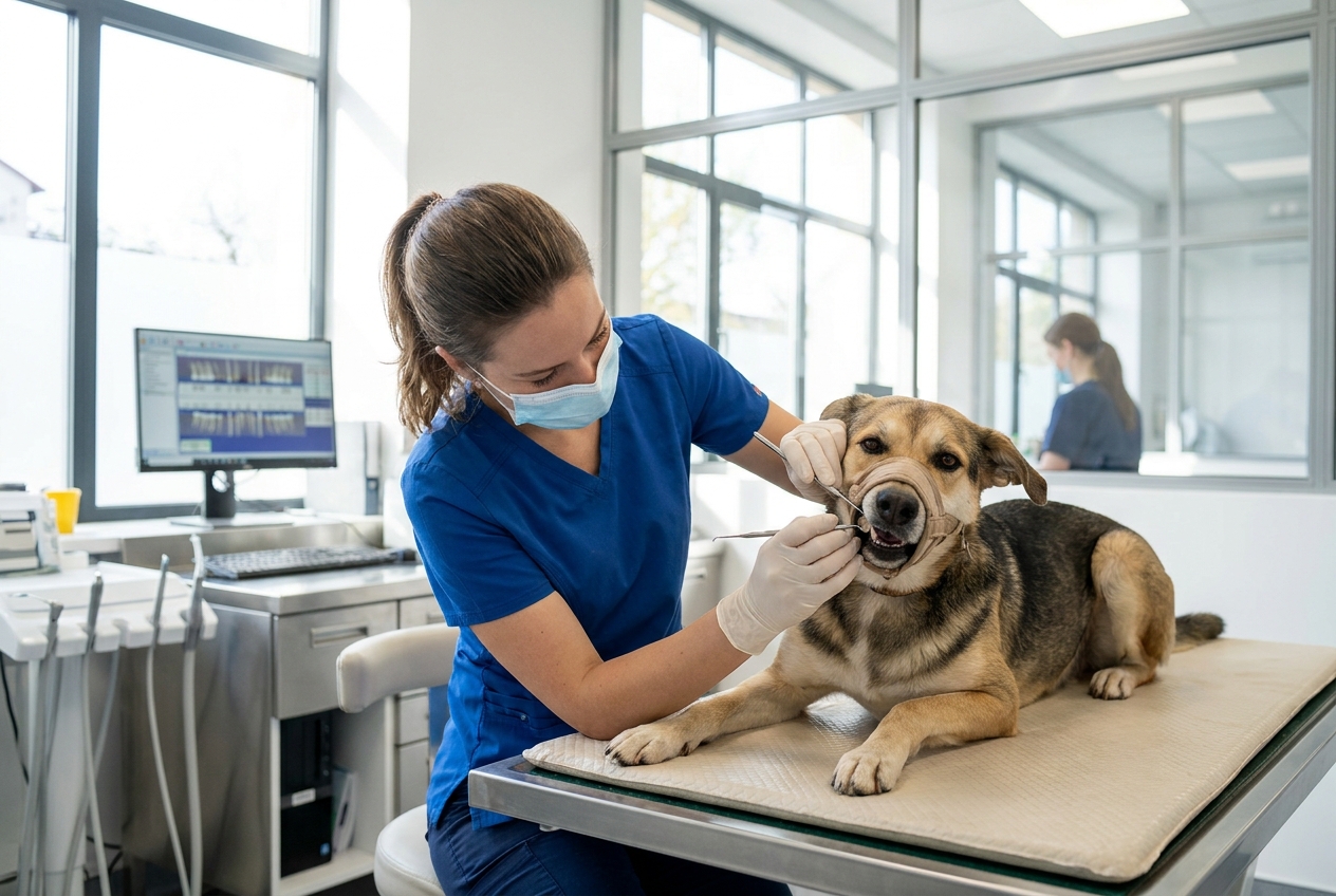 A veterinarian performing a dental examination on a calm dog