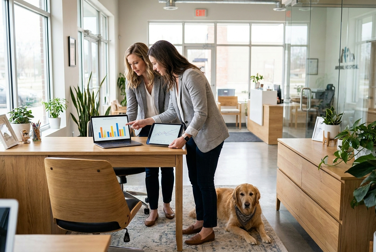 Two practice managers reviewing business performance charts
