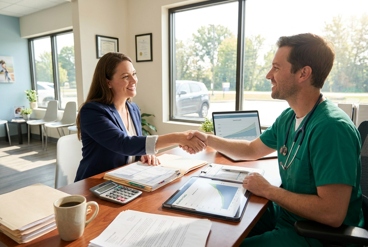 An advisor and a veterinarian reviewing practice financials together